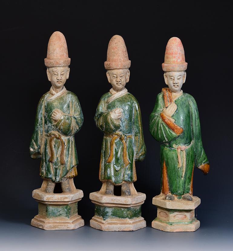 18th Century and Earlier Ming Dynasty, A Set of Antique Chinese Green Glazed Pottery Court Man
