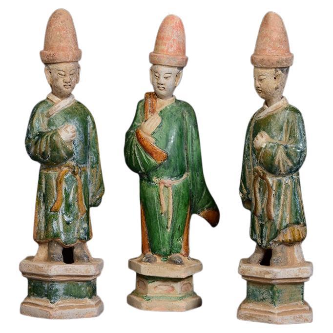 Ming Dynasty, A Set of Antique Chinese Green Glazed Pottery Court Man