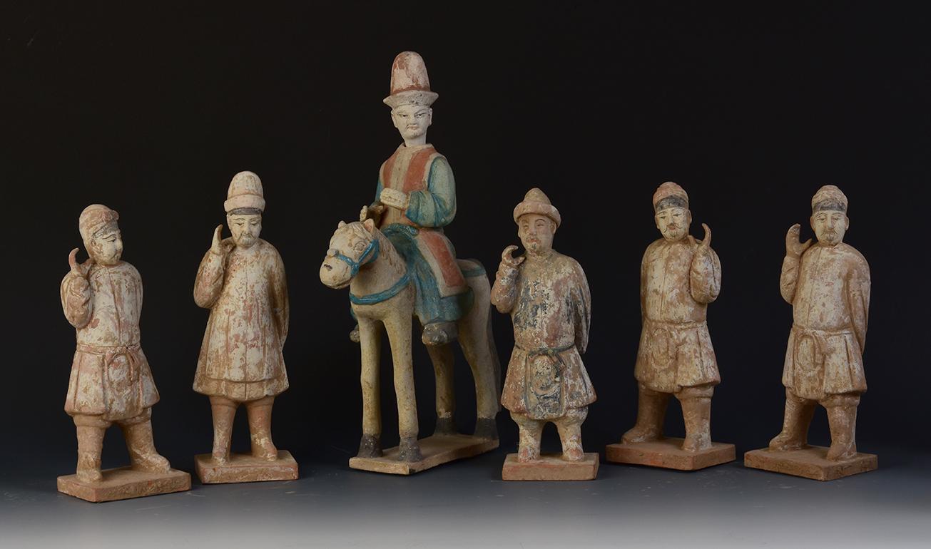 Hand-Carved Ming Dynasty, Set of Antique Chinese Painted Pottery Horse and Court Men
