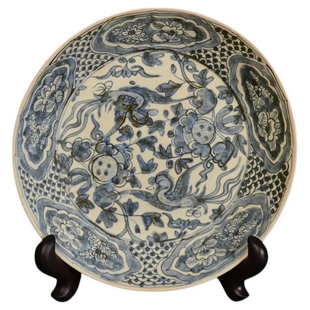 Ming Dynasty, Antique Chinese Swatow Blue and White Ceramic Dish