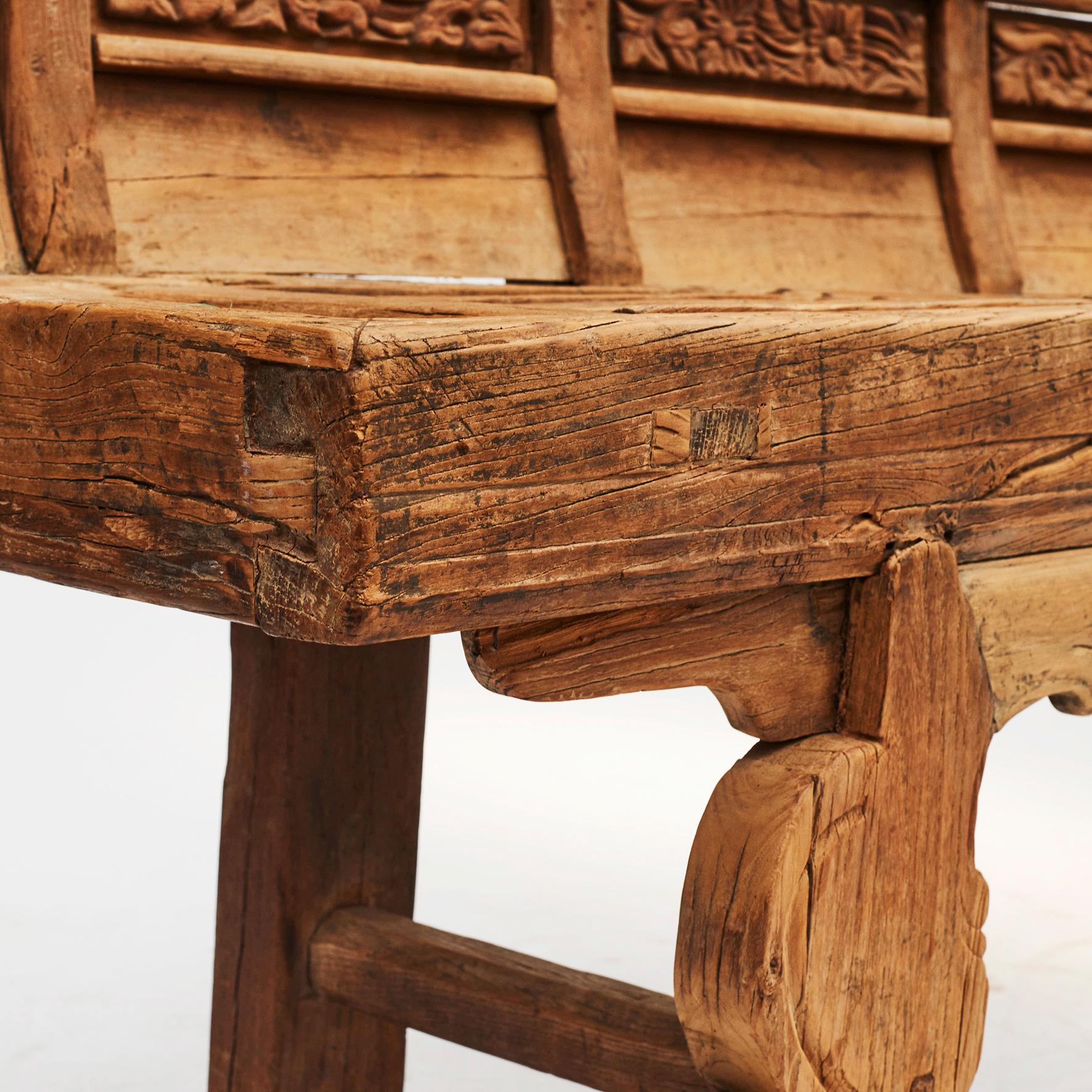 Antique Ming Temple Bench with Carved Details 17'th Ctr. 2