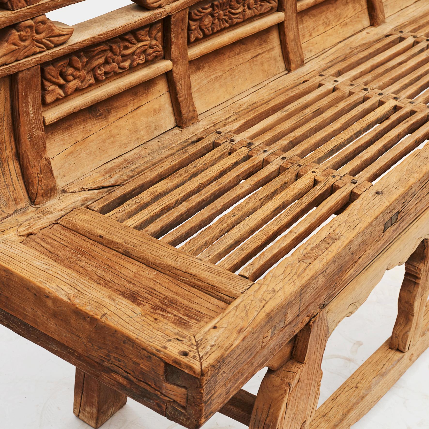 Chinese Antique Ming Temple Bench with Carved Details 17'th Ctr.