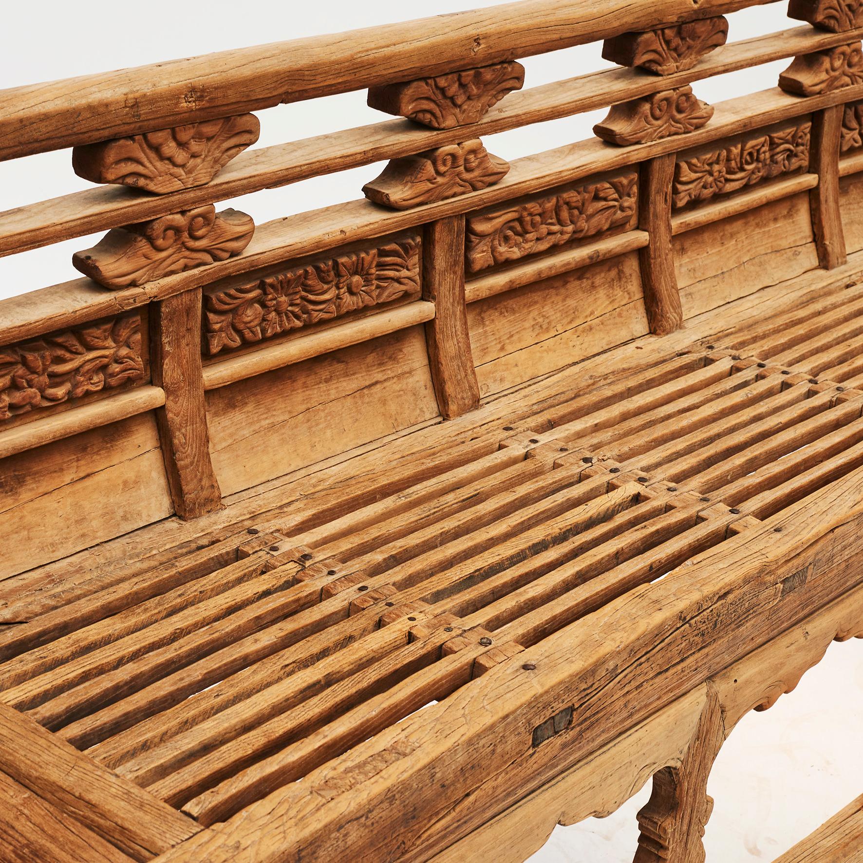 Hand-Carved Antique Ming Temple Bench with Carved Details 17'th Ctr.