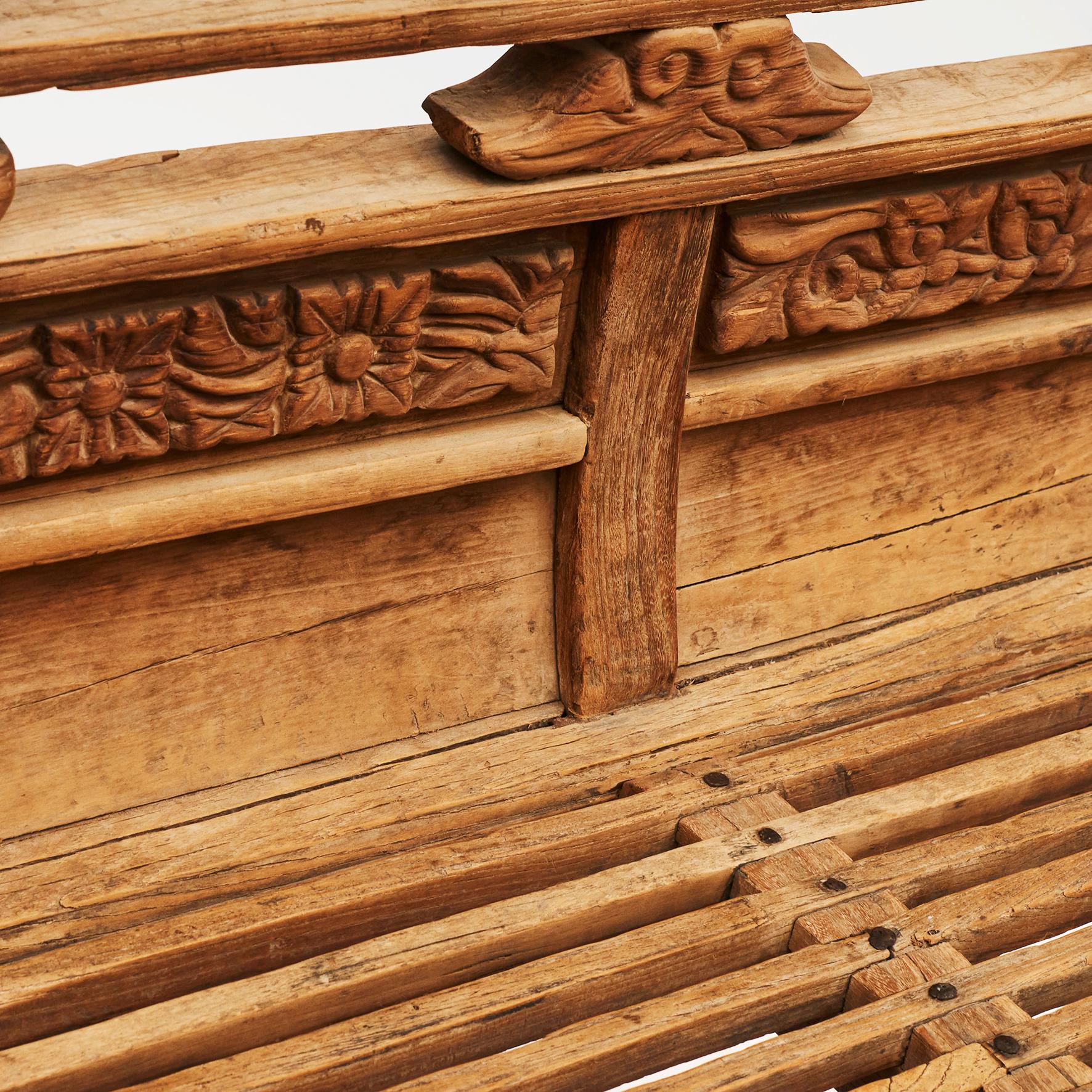18th Century and Earlier Antique Ming Temple Bench with Carved Details 17'th Ctr.