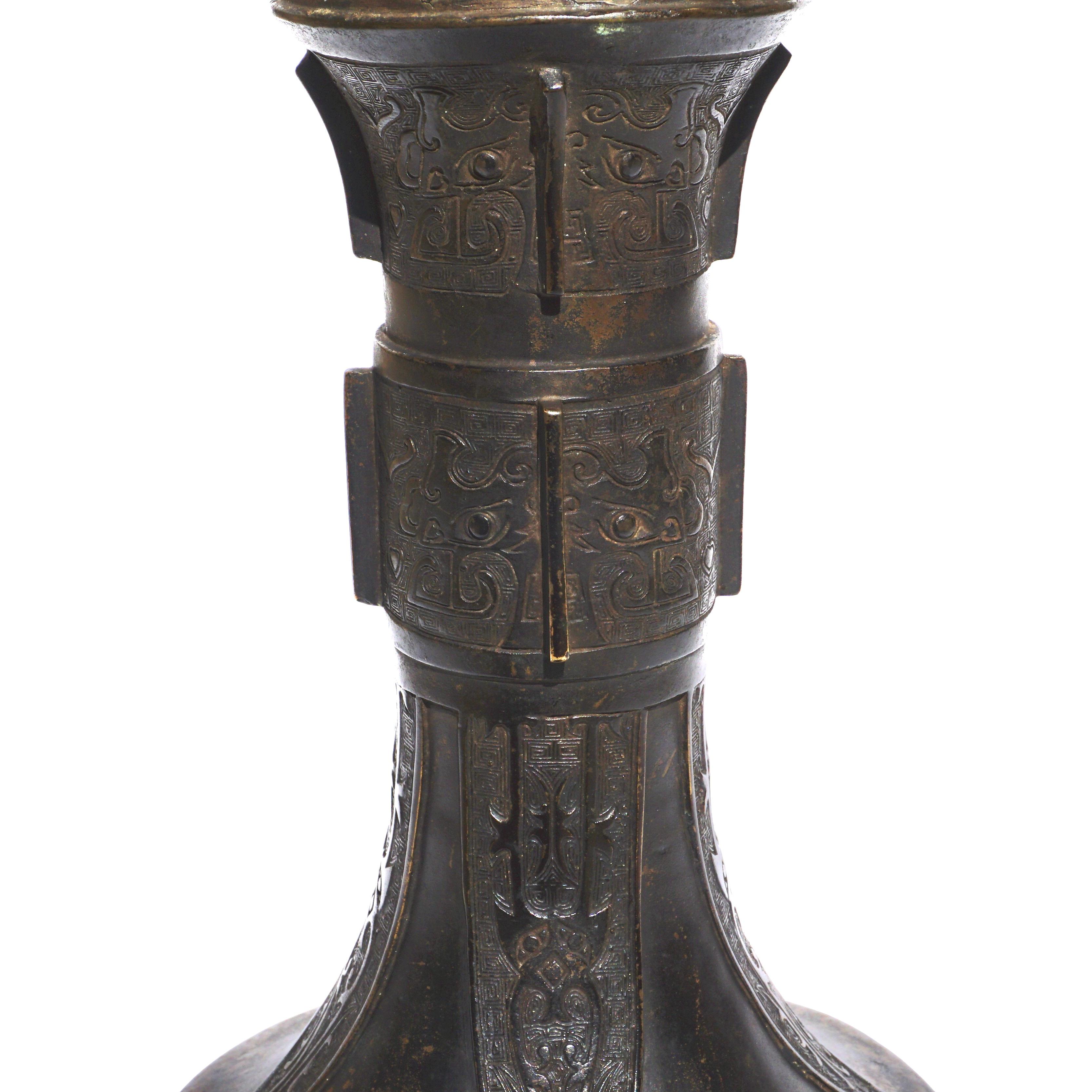 Cast Ming Dynasty Bronze Gu Beaker Vase For Sale