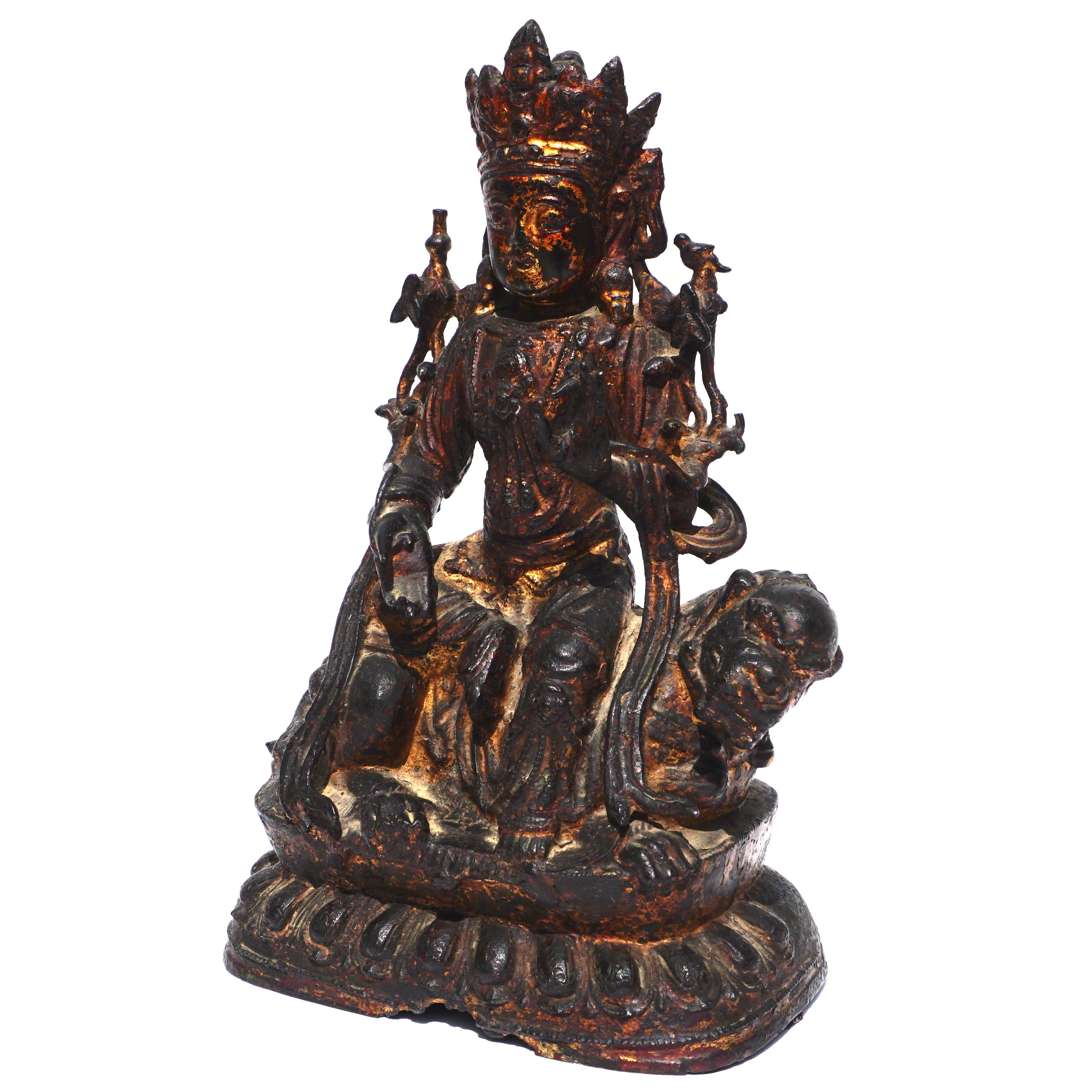 Chinese Ming Dynasty Bronze Guanyin Seated On A Mythical Lion Beast 