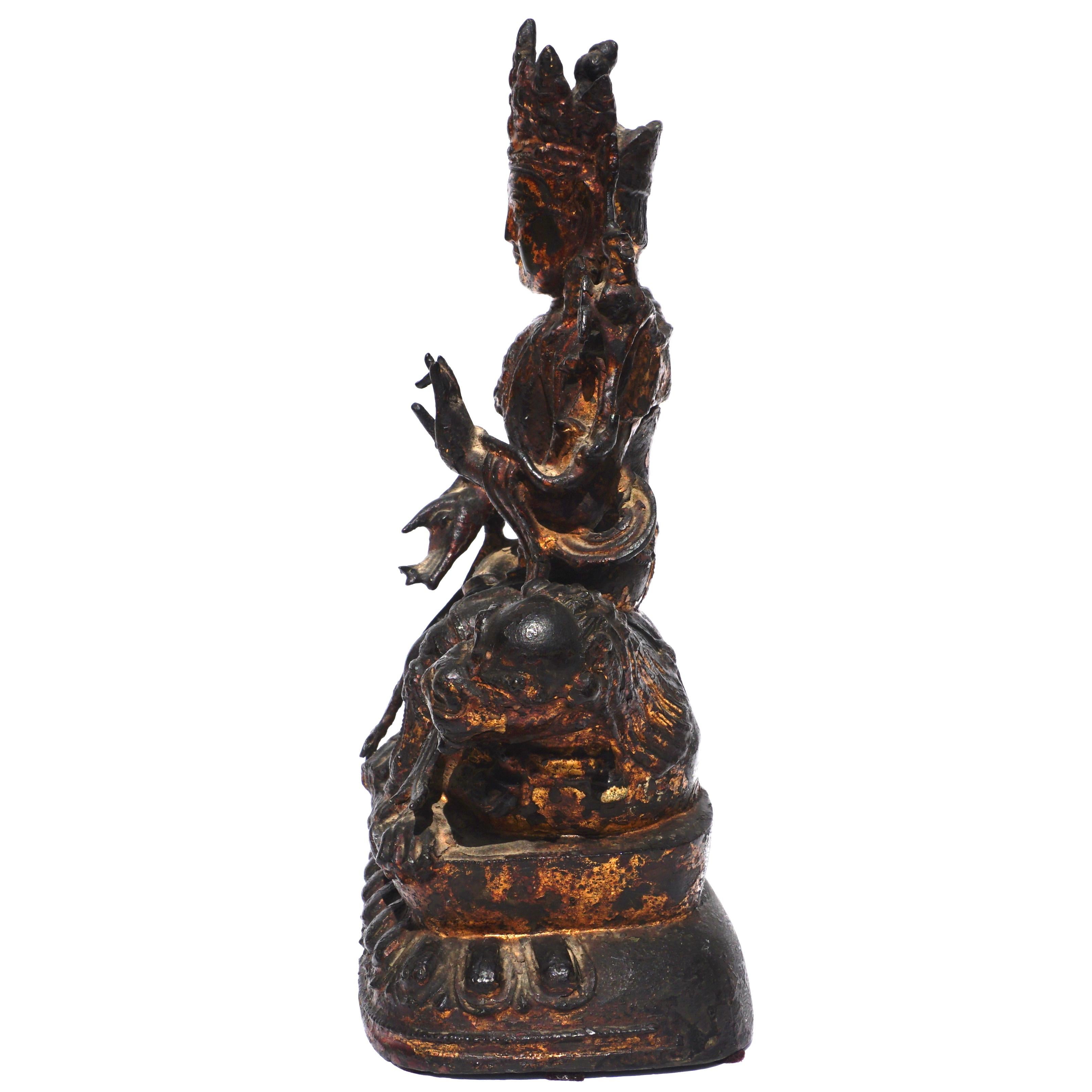 Cast Ming Dynasty Bronze Guanyin Seated On A Mythical Lion Beast 