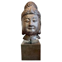 Ming Dynasty Cast Iron Buddha Head on a Bronze Base