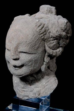 Ming Dynasty Celestial Deity Head Carved in Stone - China '1368-1644 AD'