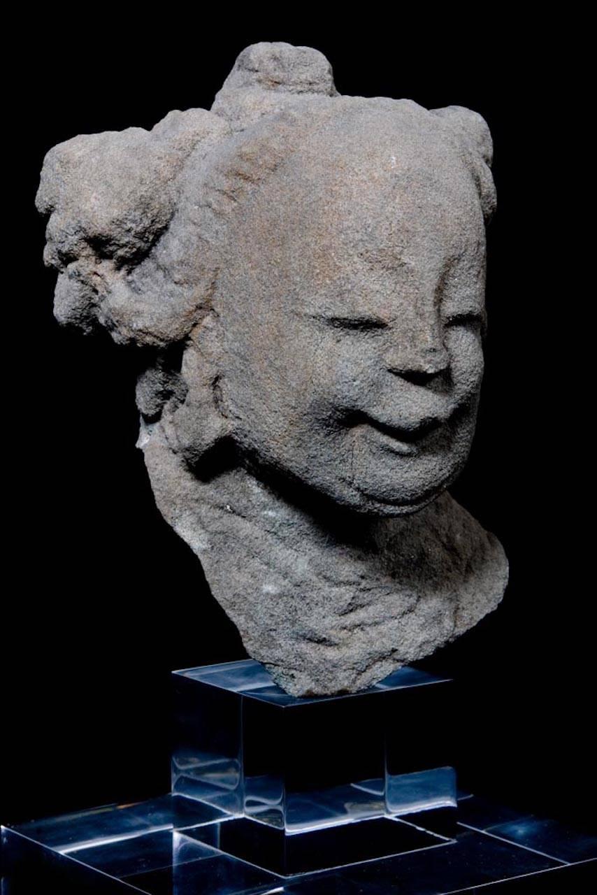 Chinese Ming Dynasty Celestial Deity Head Carved in Stone - China '1368-1644 AD' For Sale