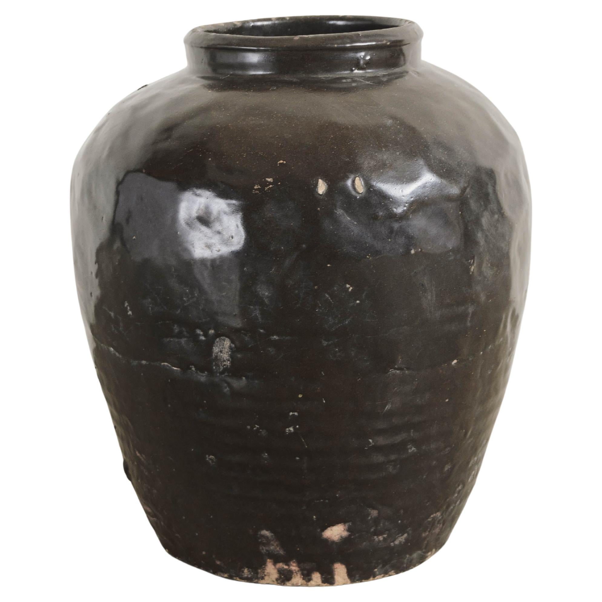 Ming Dynasty, China Antique Tall Bamboo Shaven Jar in Brown Glaze