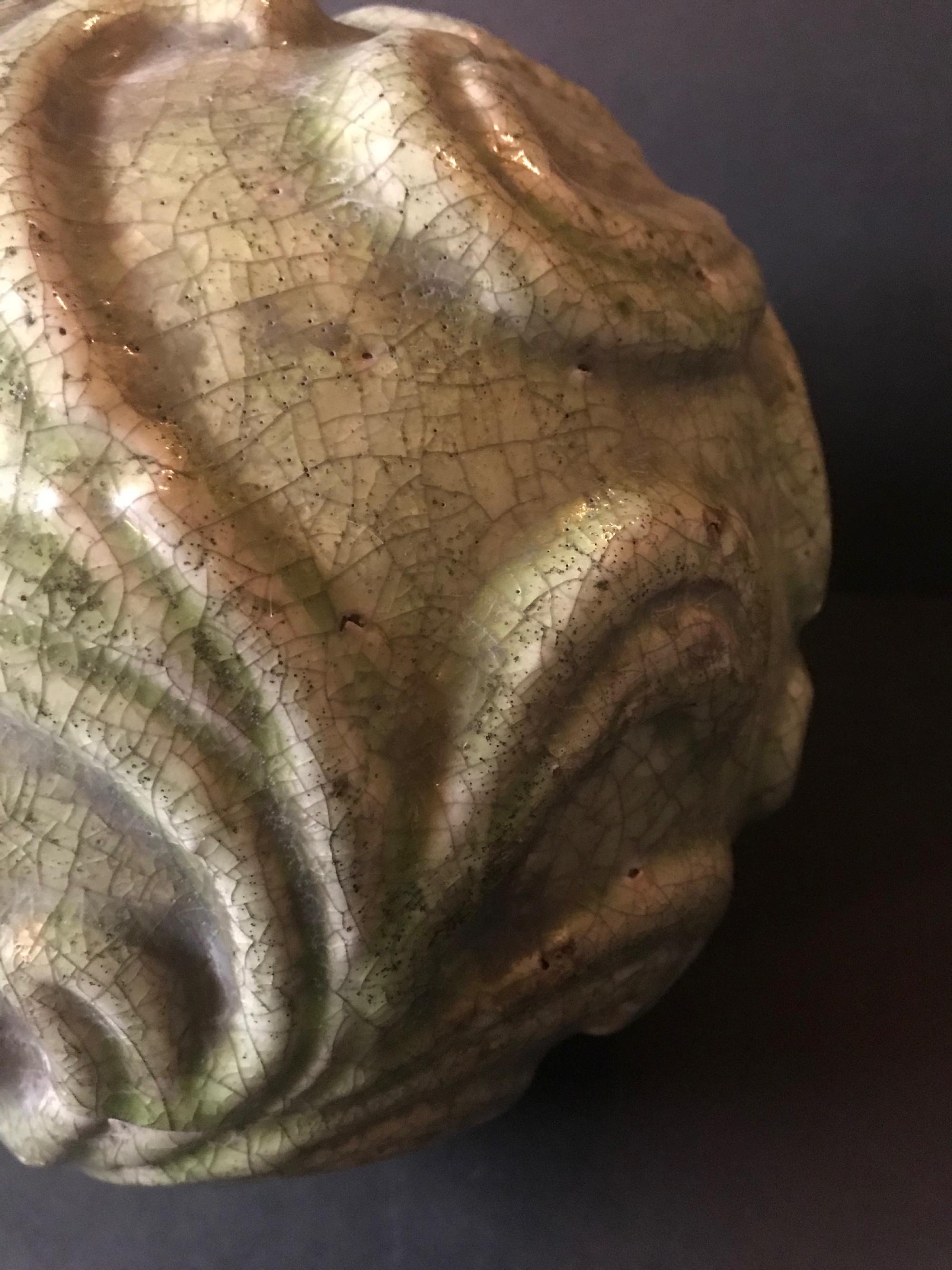 18th Century and Earlier Ming Dynasty Chinese Longquan Celadon Large Carved Sphere Porcelaneous Stoneware For Sale