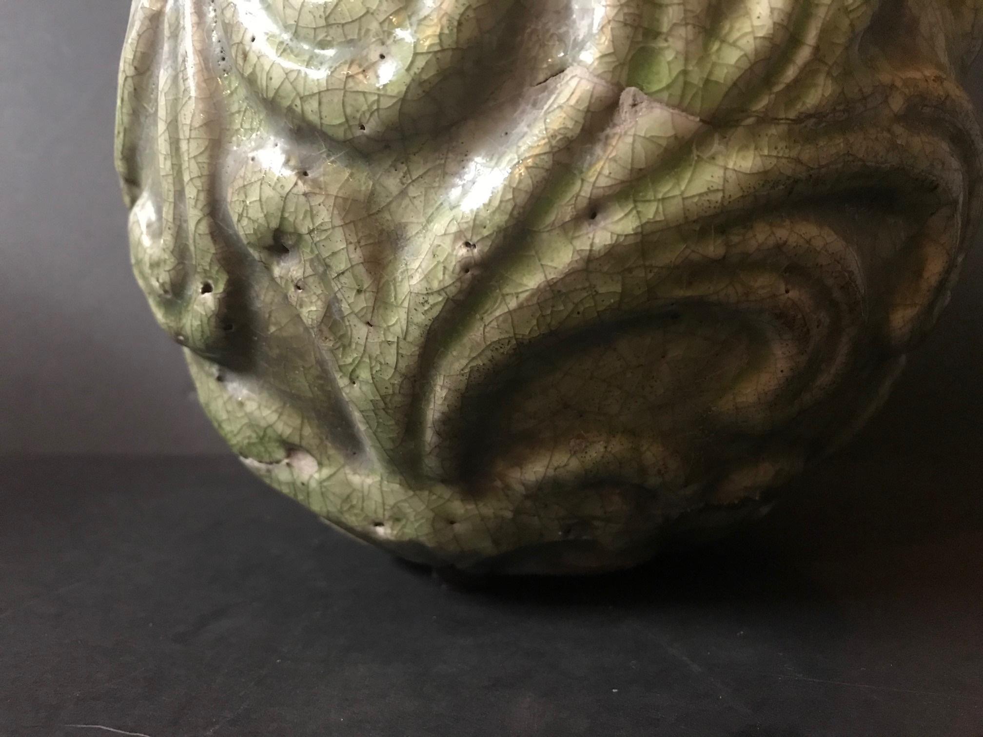 Ceramic Ming Dynasty Chinese Longquan Celadon Large Carved Sphere Porcelaneous Stoneware For Sale