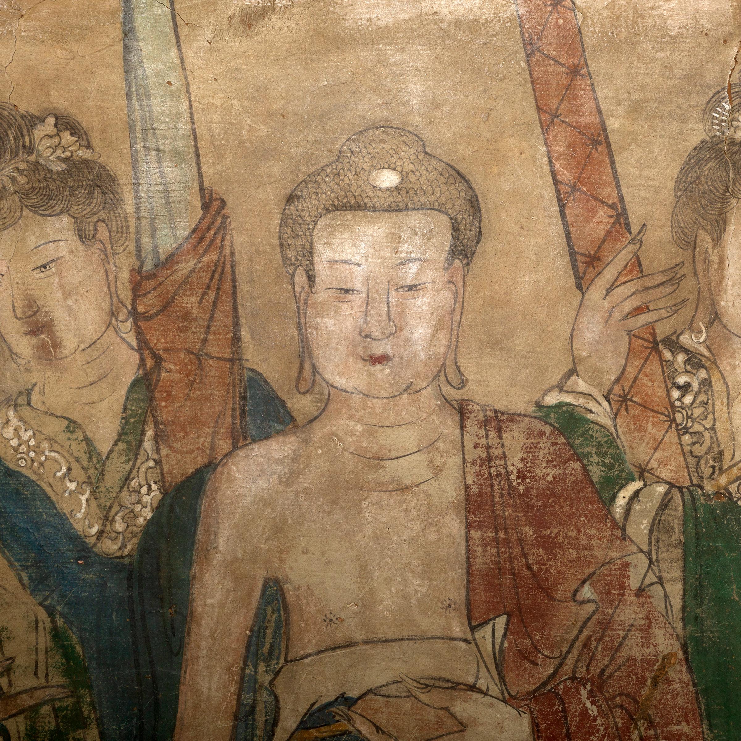 Hand-Painted Ming Dynasty Chinese Mural Painting of Buddha Flanked by Attendants For Sale