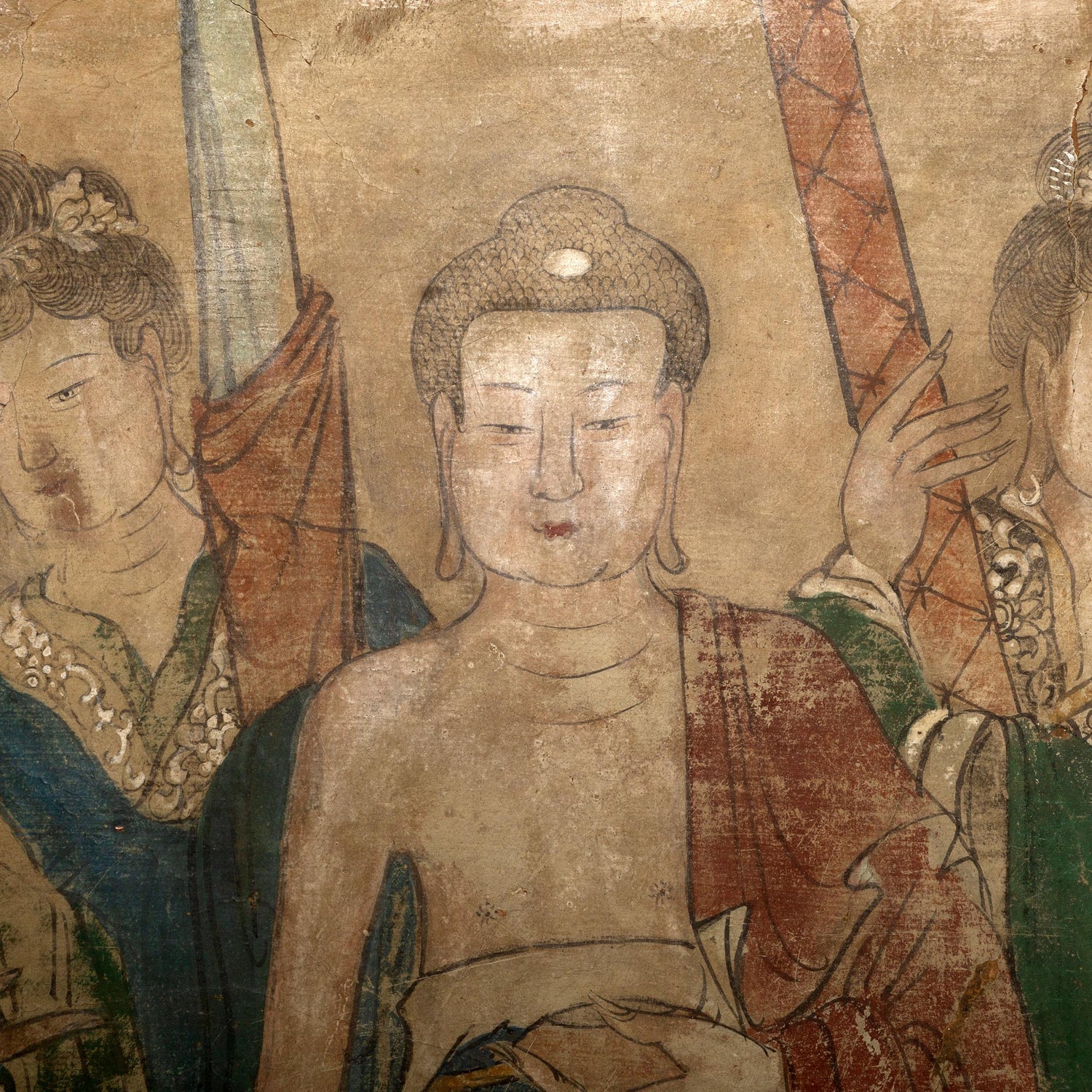 Ming Dynasty Chinese Mural Painting Of Buddha Flanked By