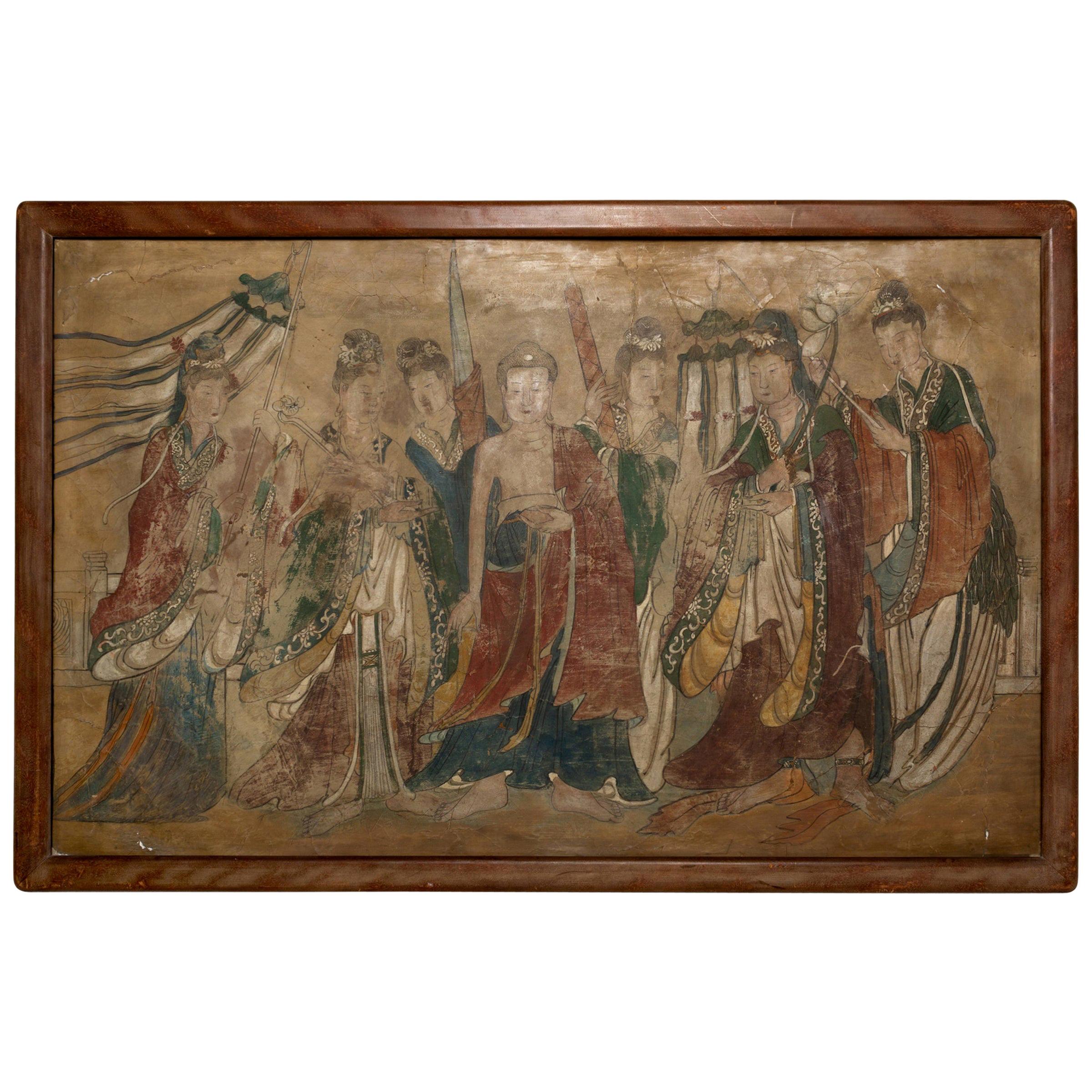 Ming Dynasty Chinese Mural Painting of Buddha Flanked by Attendants For Sale