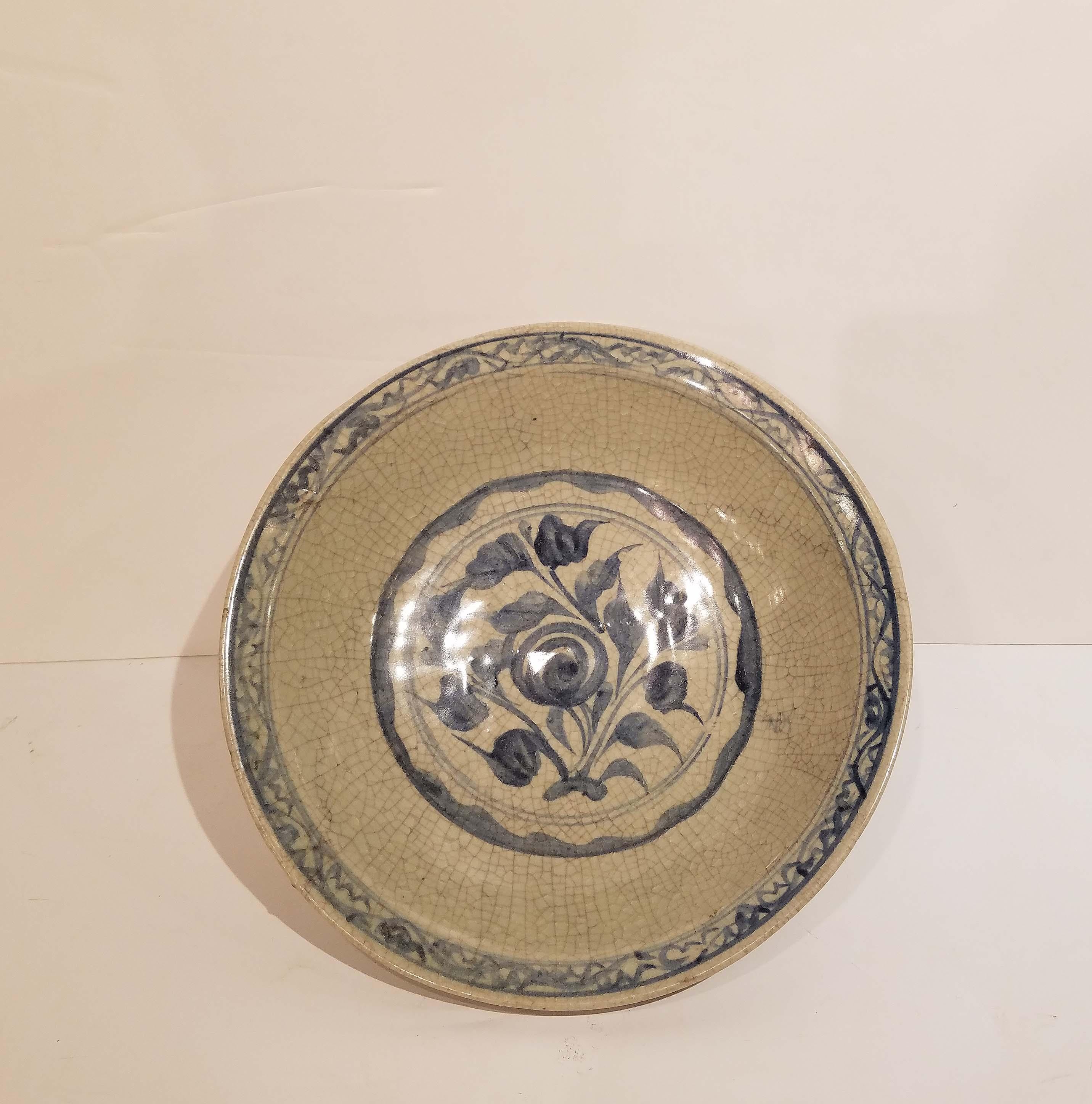 Ming dynasty Chinese Porcelain celadon bowl. Purchased from a NYC collector. Measures: 12.5 inches wide and 3 inches high. The shape was compromised in making so it’s not even all around.