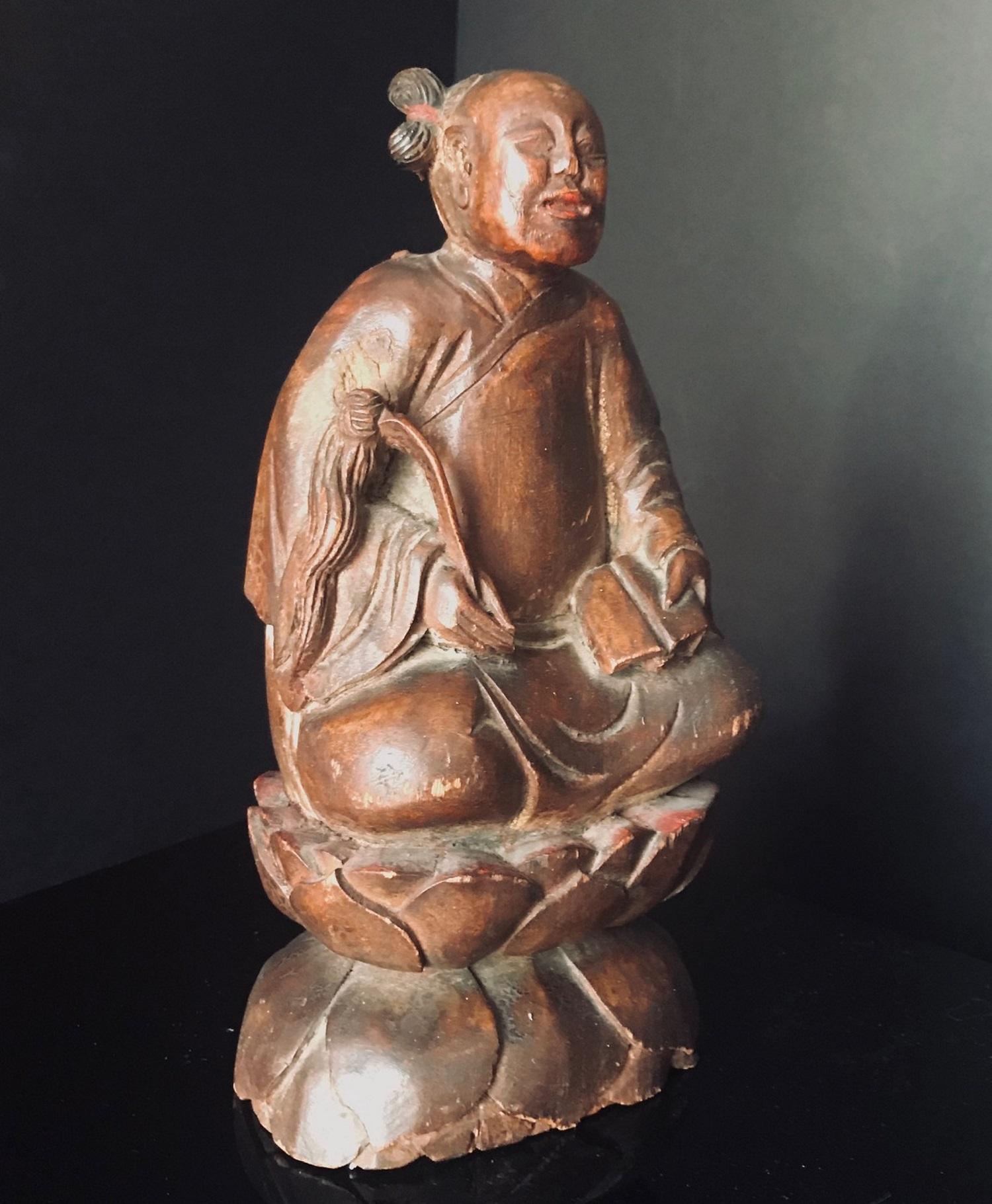 Hand-Carved Mid-19th Century Chinese Wood Carved Daoist Immortal