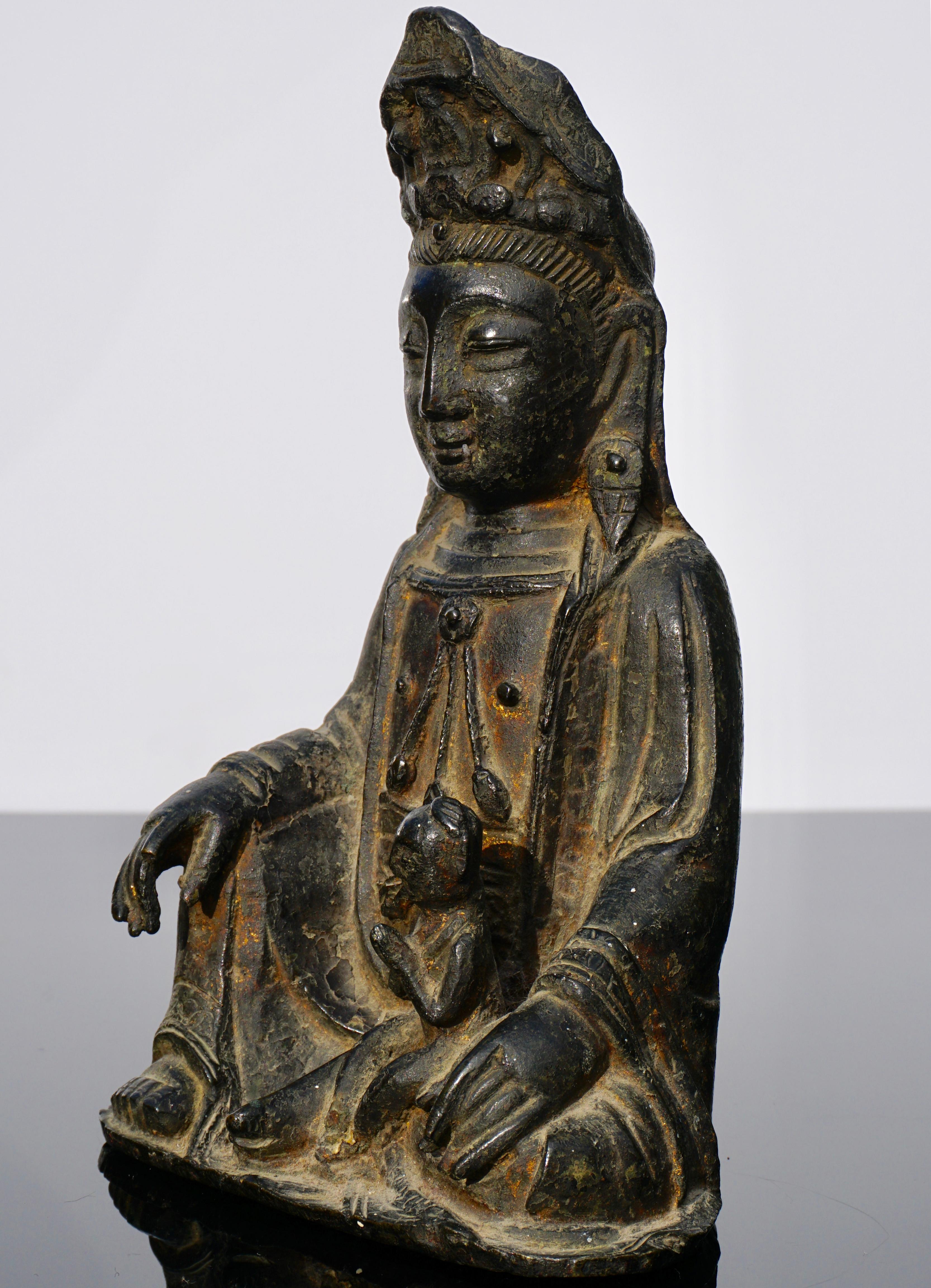 Chinese Ming Dynasty Gilt Lacquered Bronze Songzi Guanyin
