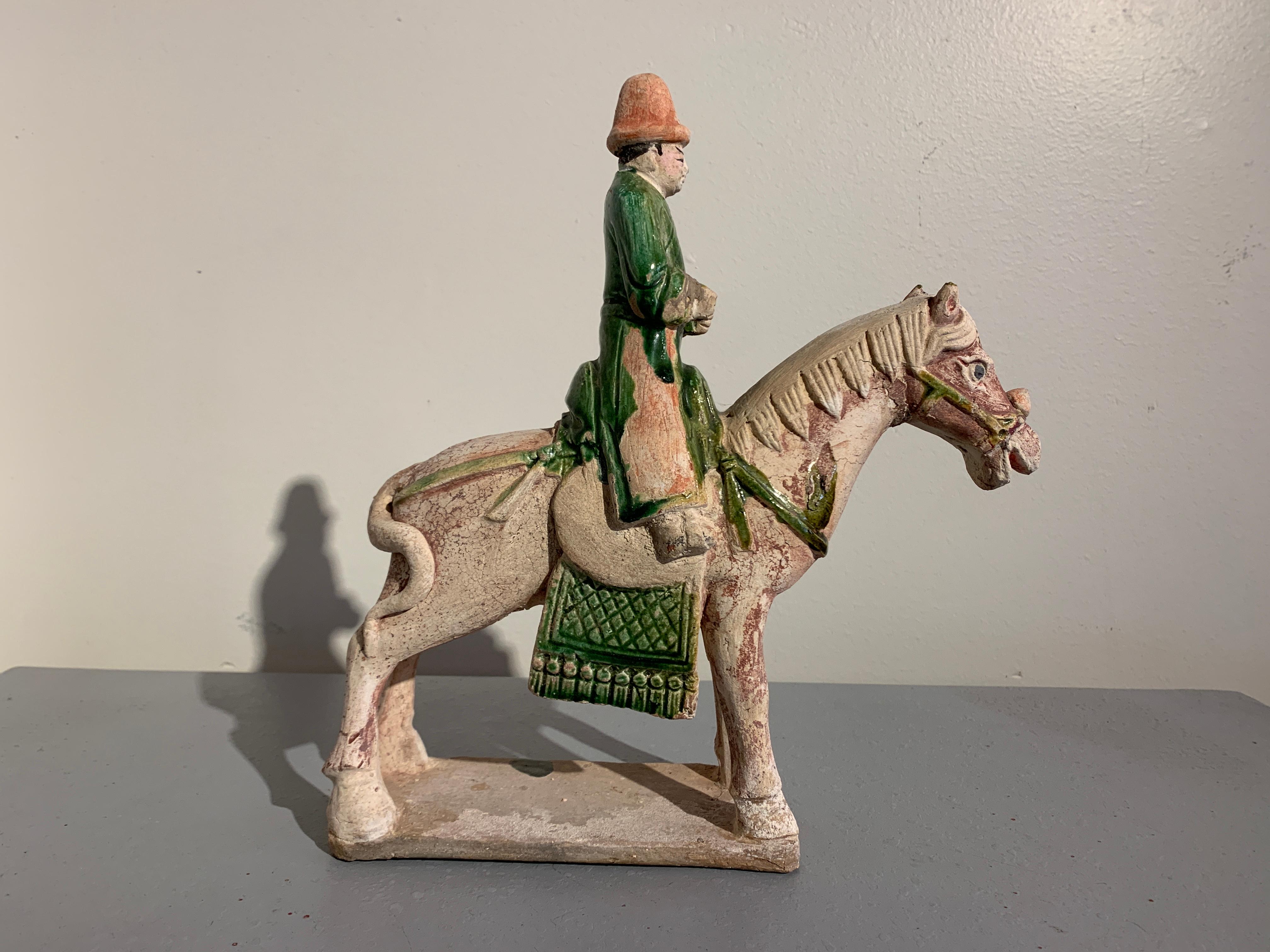 Chinese Ming Dynasty Green Glazed Horse and Rider with Attendant, 16th Century, China