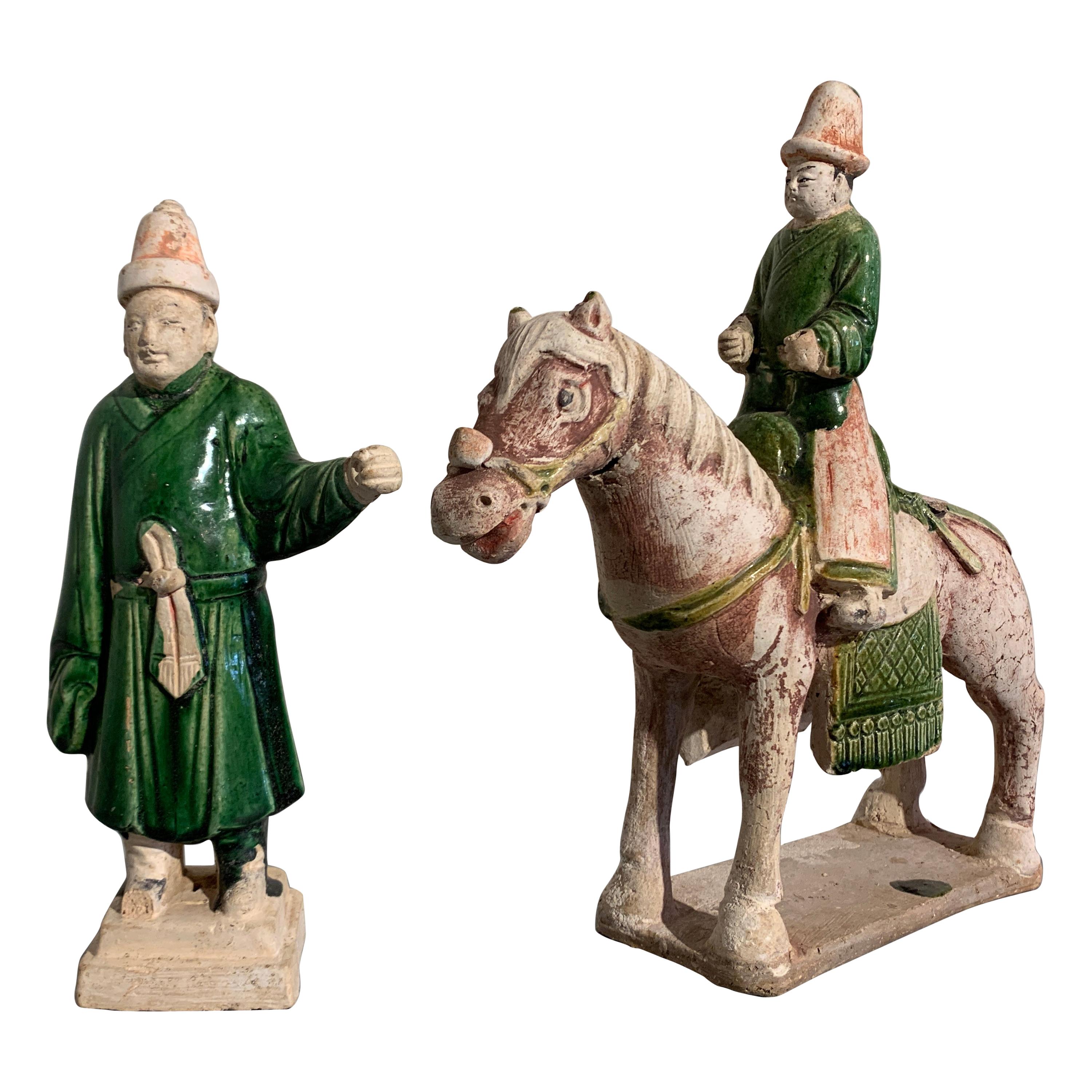 Ming Dynasty Green Glazed Horse and Rider with Attendant, 16th Century, China