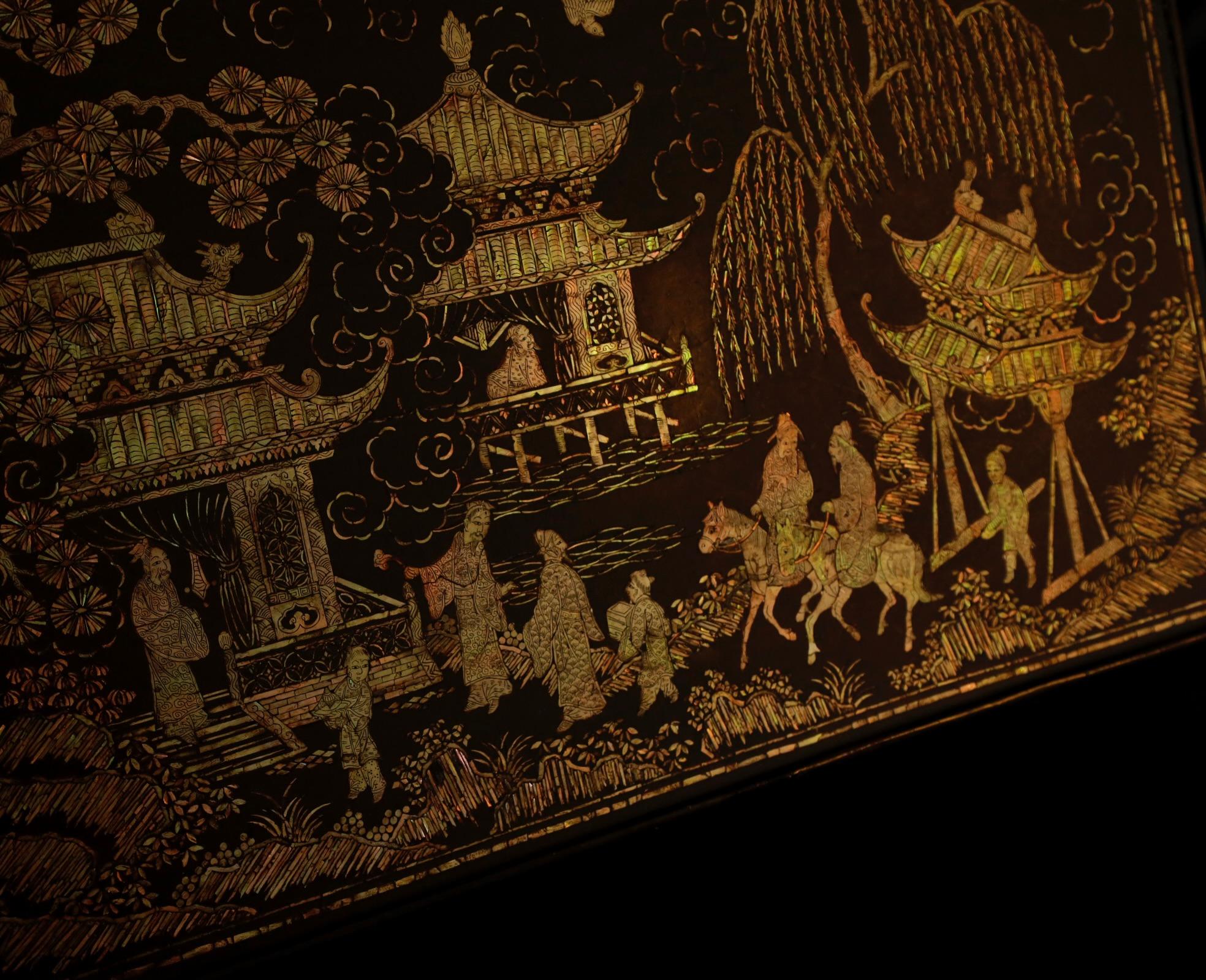 Hand-Crafted Ming Dynasty Period Scholar's Garden: Mother-of-Pearl Inlaid Lacquer Kang Table For Sale