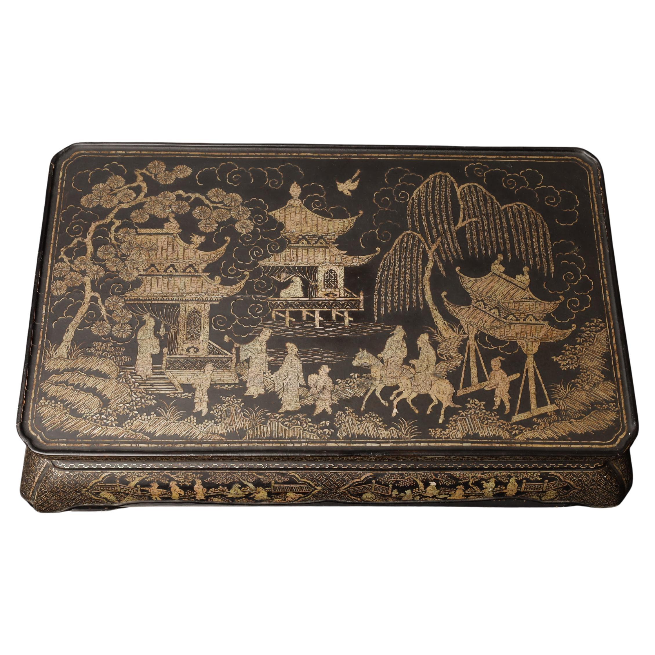 Ming Dynasty Period Scholar's Garden: Mother-of-Pearl Inlaid Lacquer Kang Table For Sale