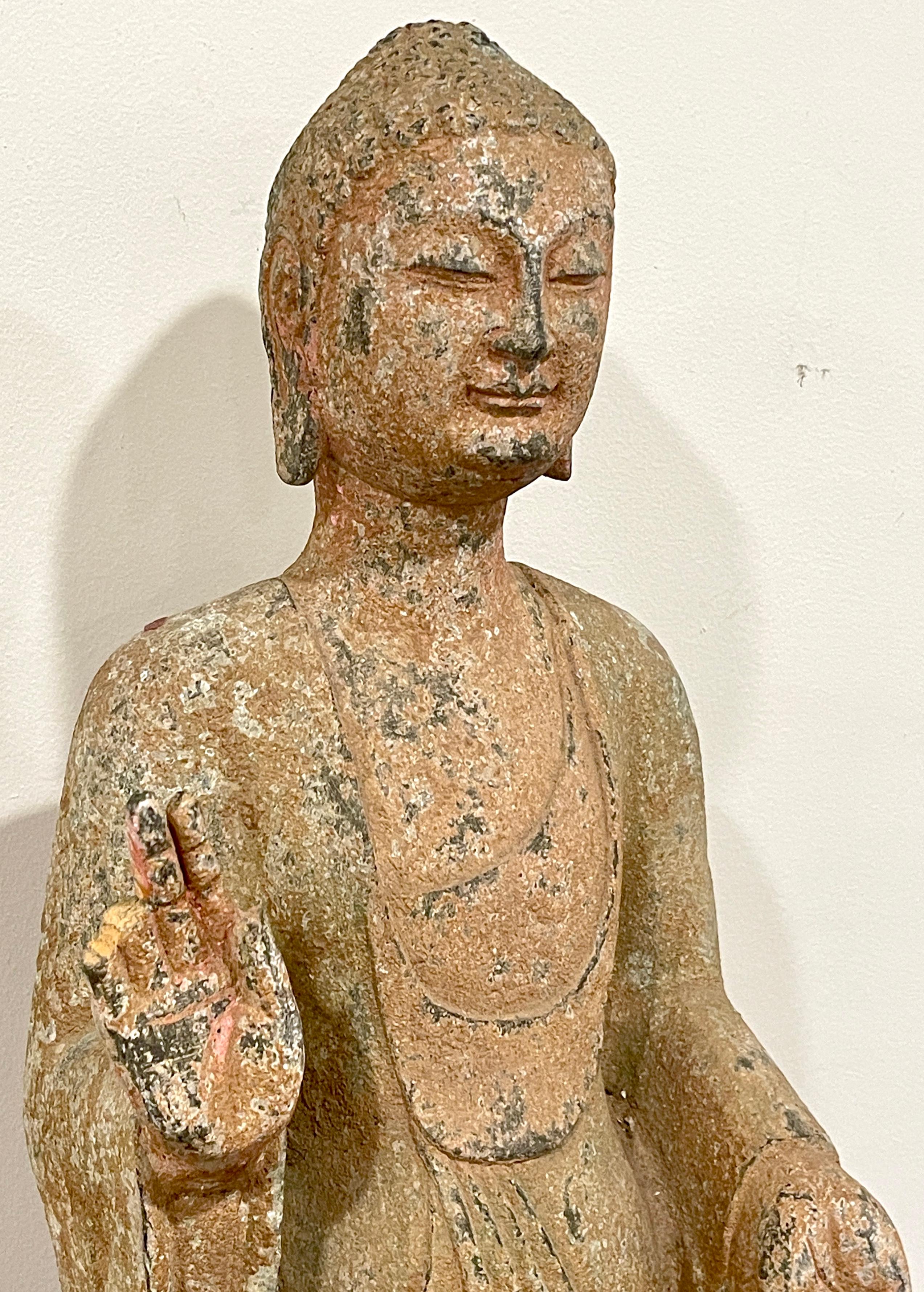 Chinese Ming Dynasty Polychromed Grey Stone Standing Buddha, Museum Mounted  For Sale