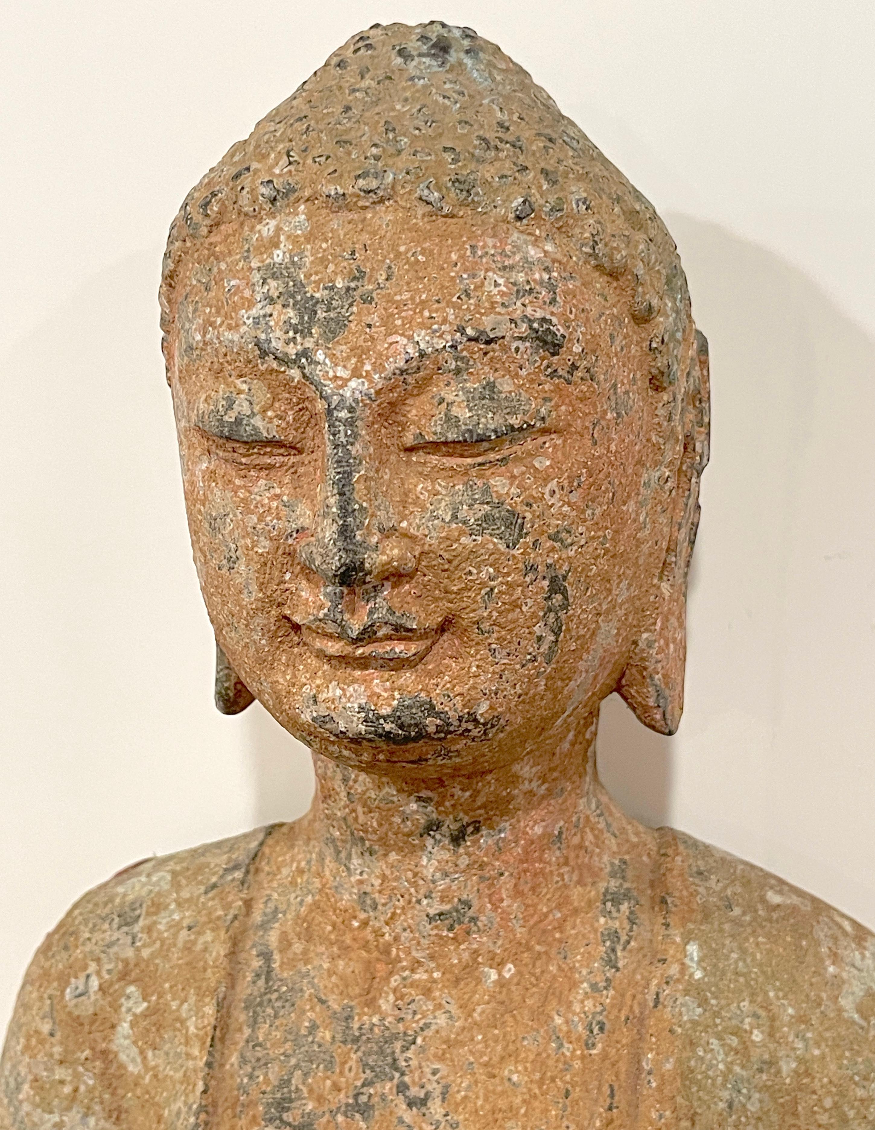 Hand-Carved Ming Dynasty Polychromed Grey Stone Standing Buddha, Museum Mounted  For Sale
