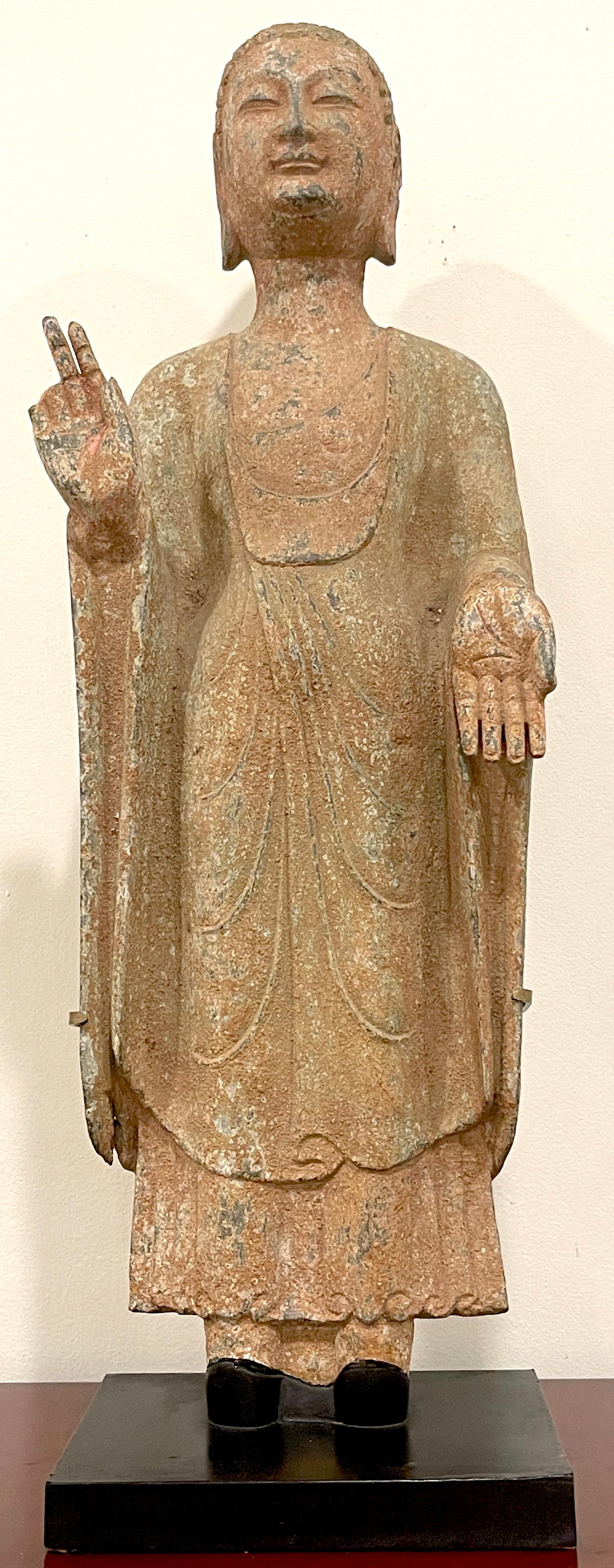 Ming Dynasty Polychromed Grey Stone Standing Buddha, Museum Mounted  For Sale 2