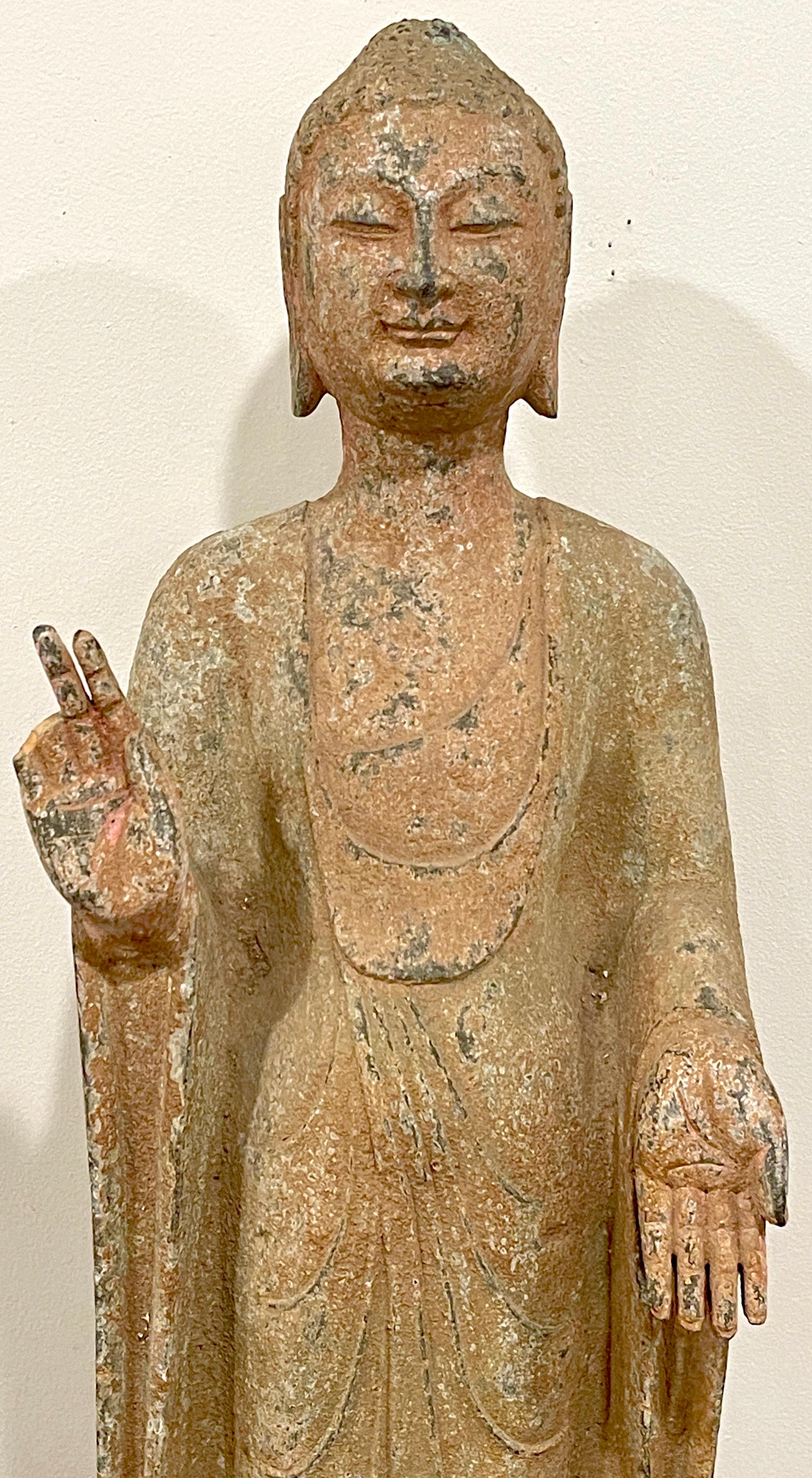 Ming Dynasty Polychromed Grey Stone Standing Buddha, Museum Mounted  For Sale 3