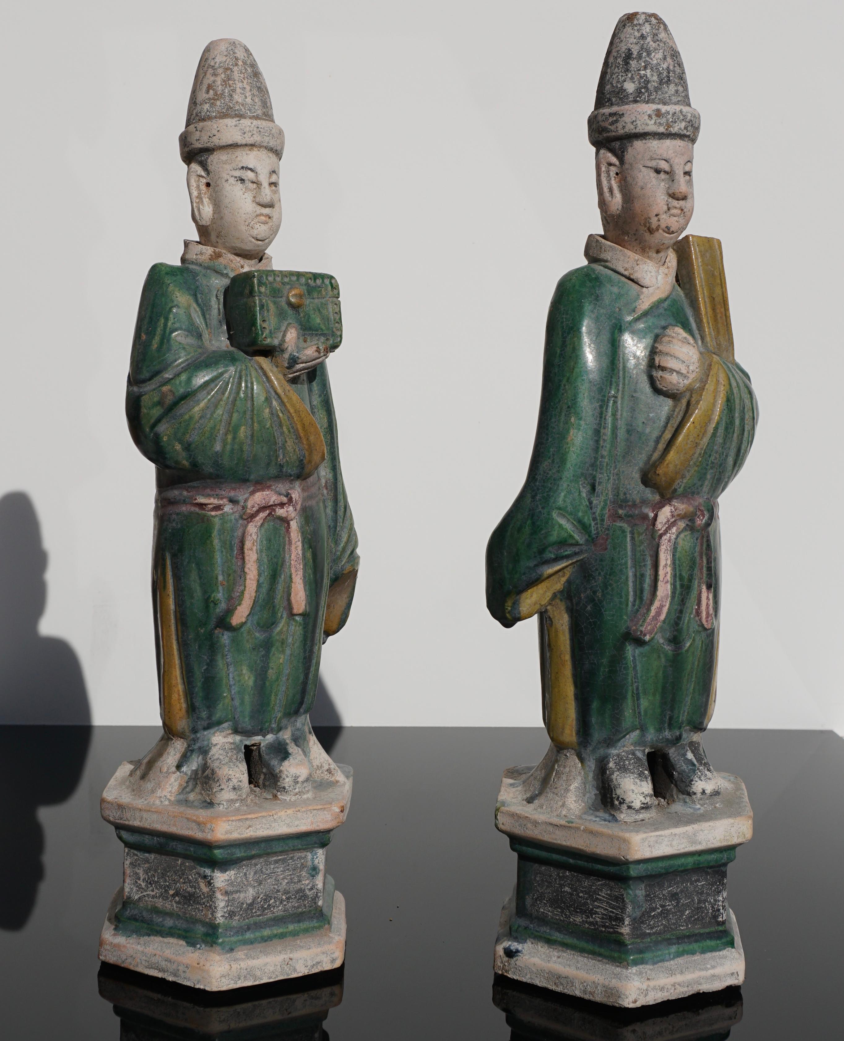 Ming Dynasty Sancai Glaze Dignitary Tomb Attendants 16th Century In Excellent Condition In Dallas, TX