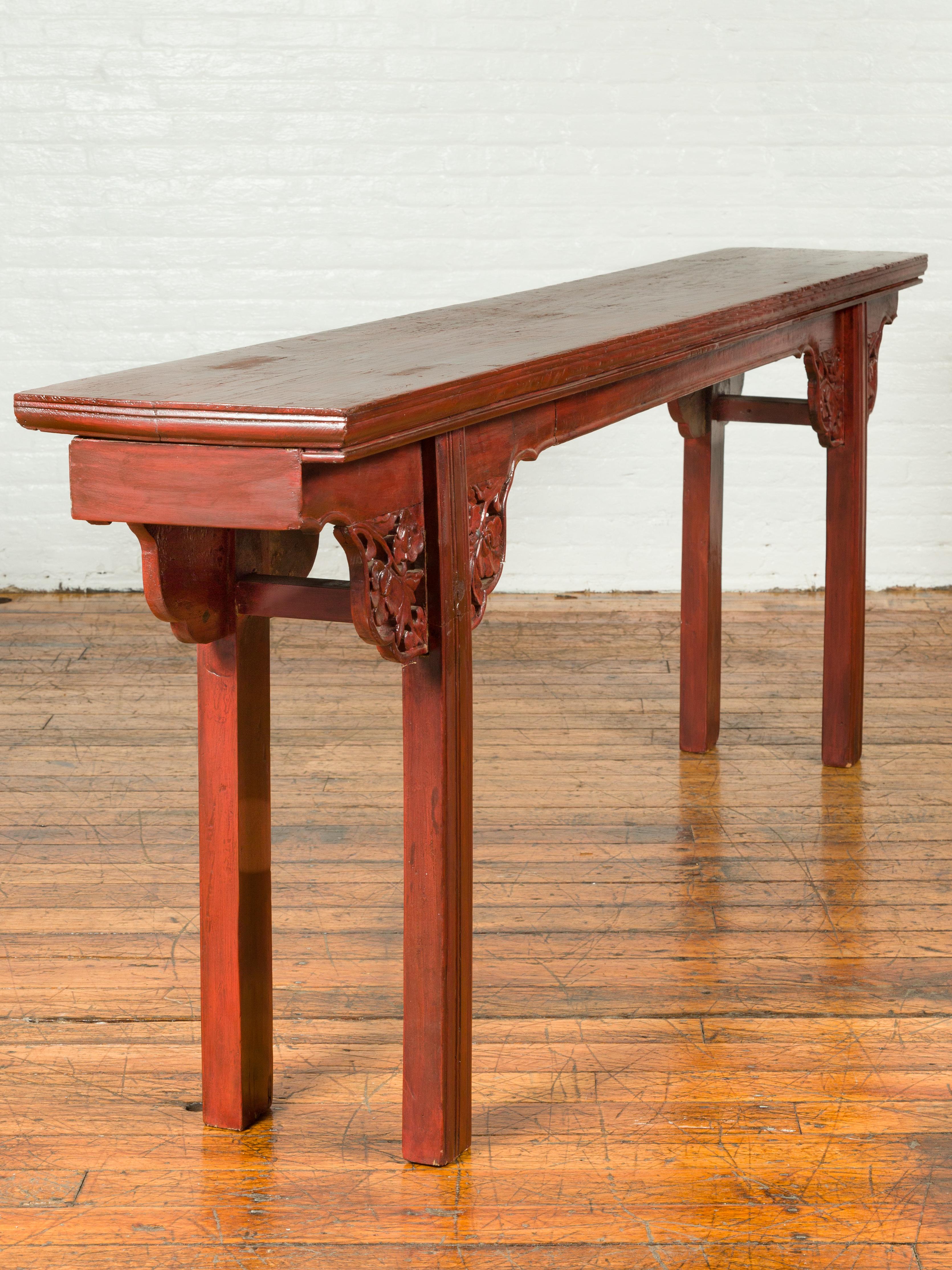 Ming Dynasty Style Chinese Elm Sang de Bœuf Console Table with Carved Apron For Sale 2