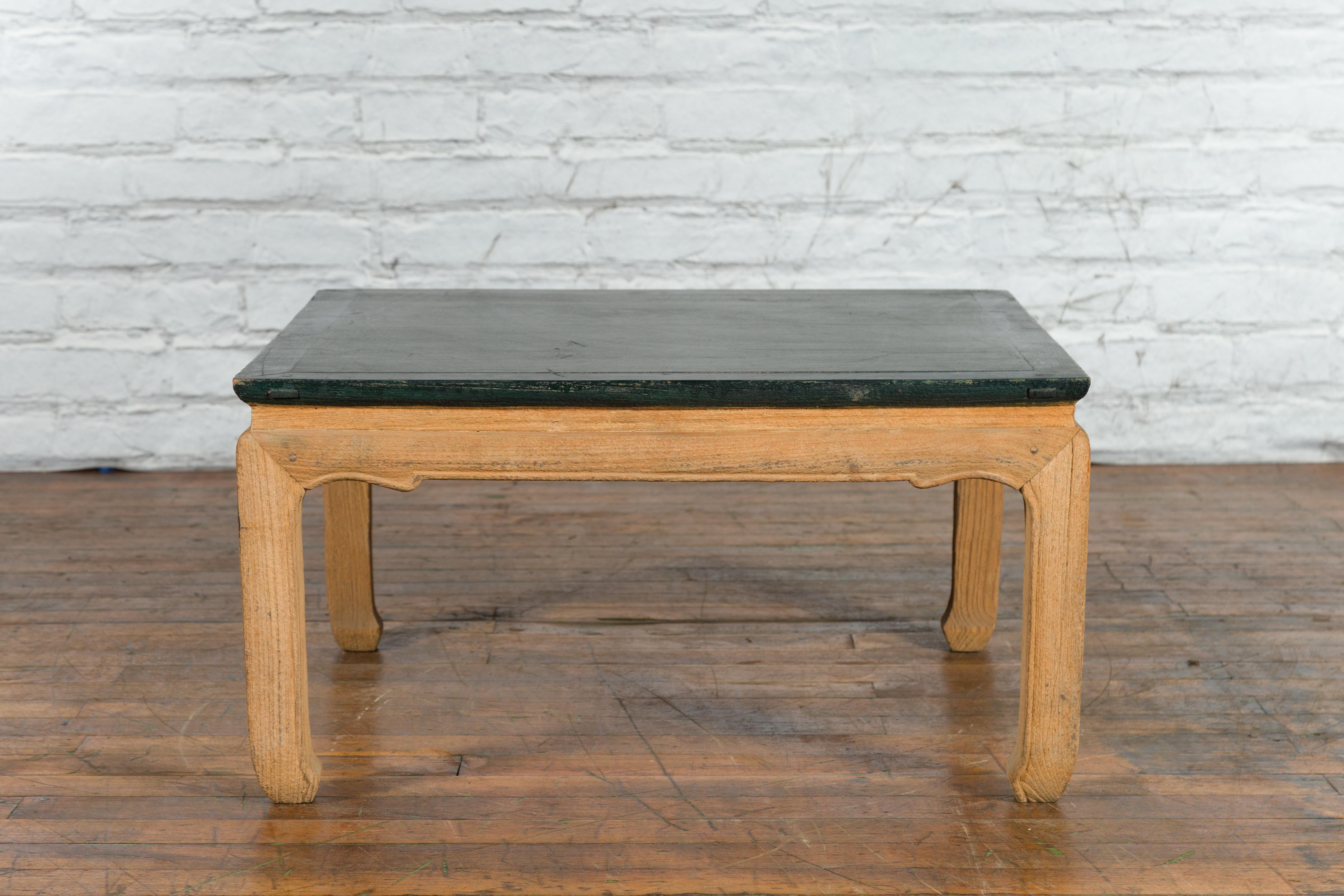 Ming Dynasty Style Coffee Table with Green Lacquer Top and Natural Patina For Sale 4