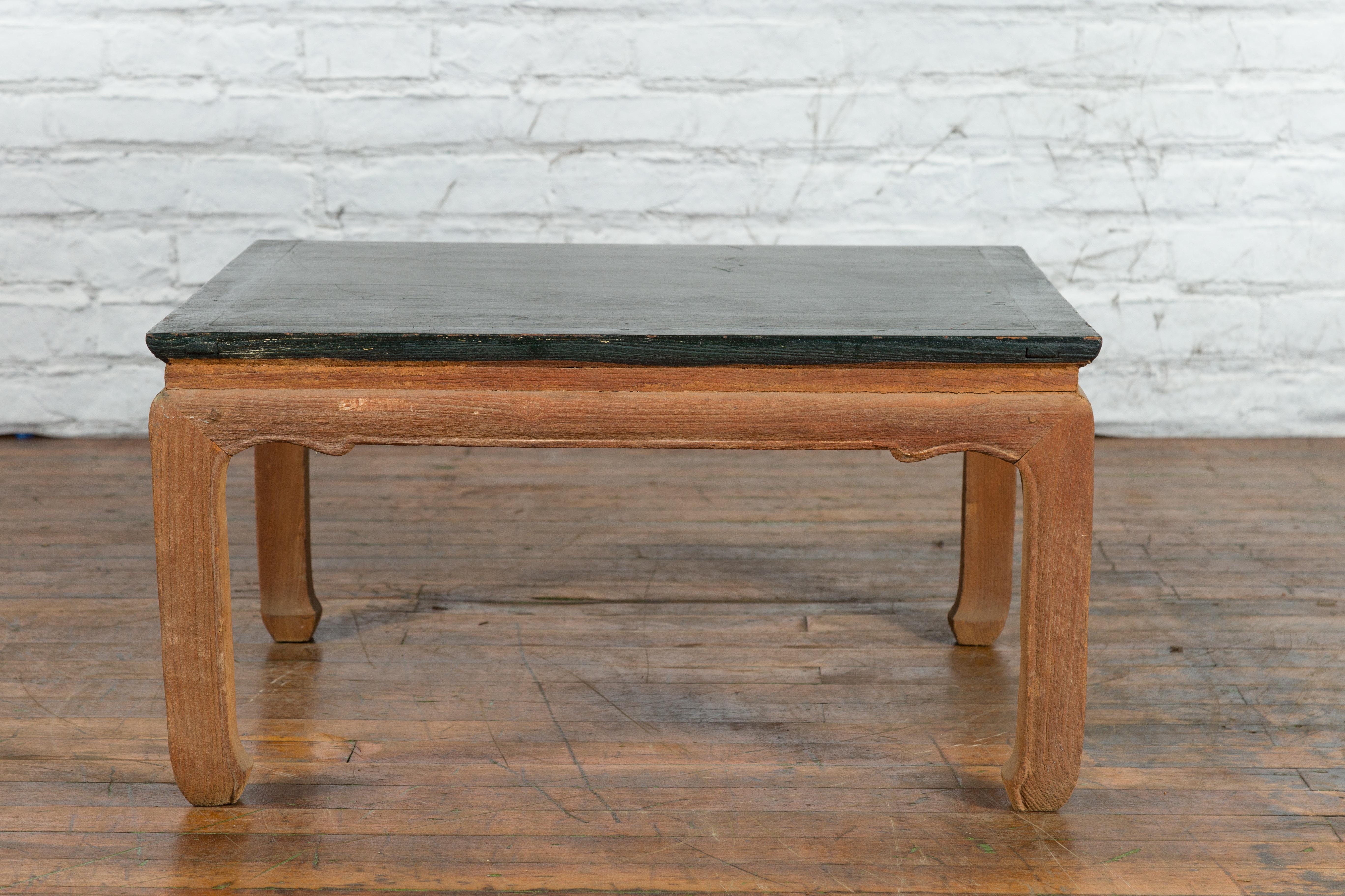 Ming Dynasty Style Coffee Table with Green Lacquer Top and Natural Patina For Sale 6