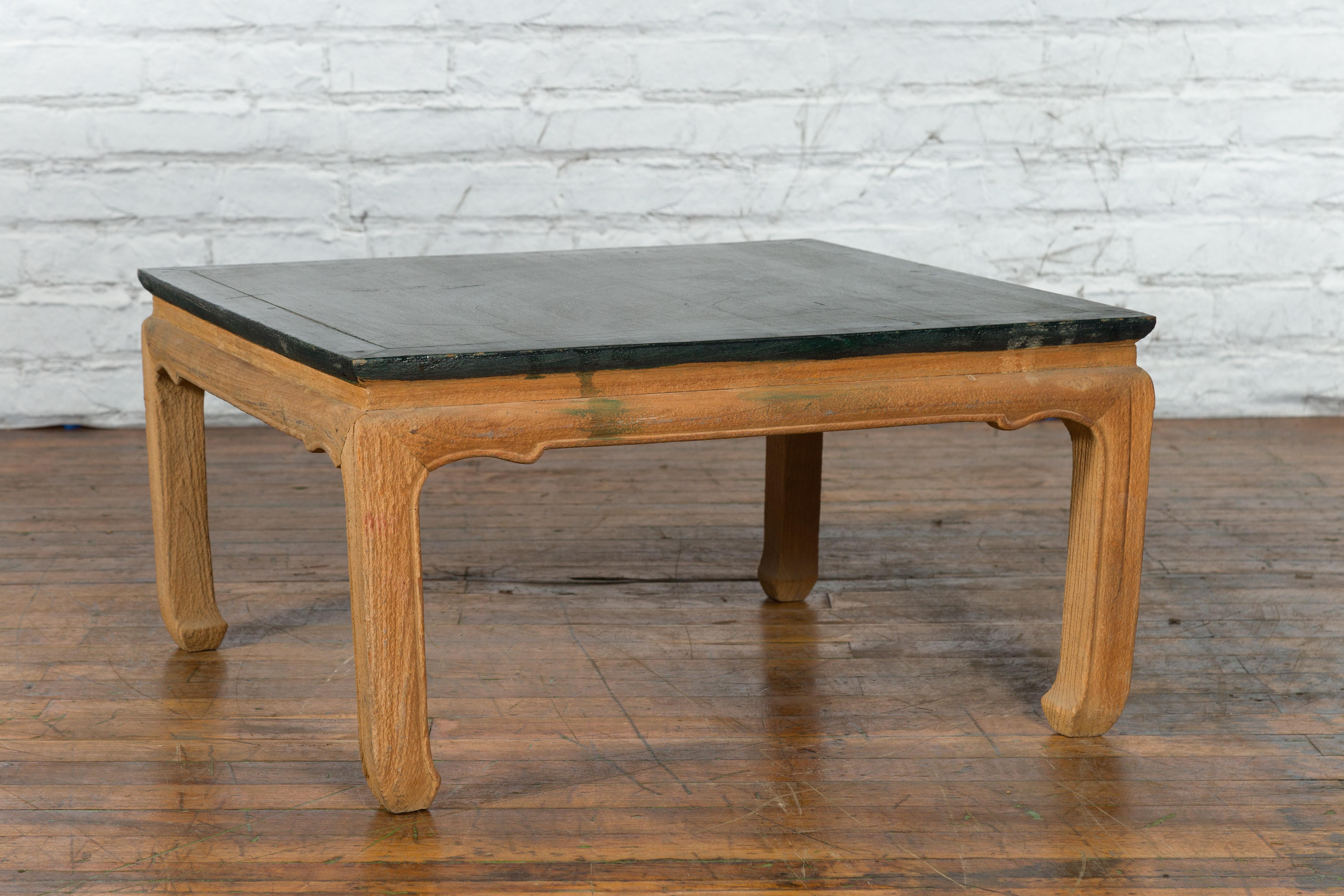 Chinese Ming Dynasty Style Coffee Table with Green Lacquer Top and Natural Patina For Sale