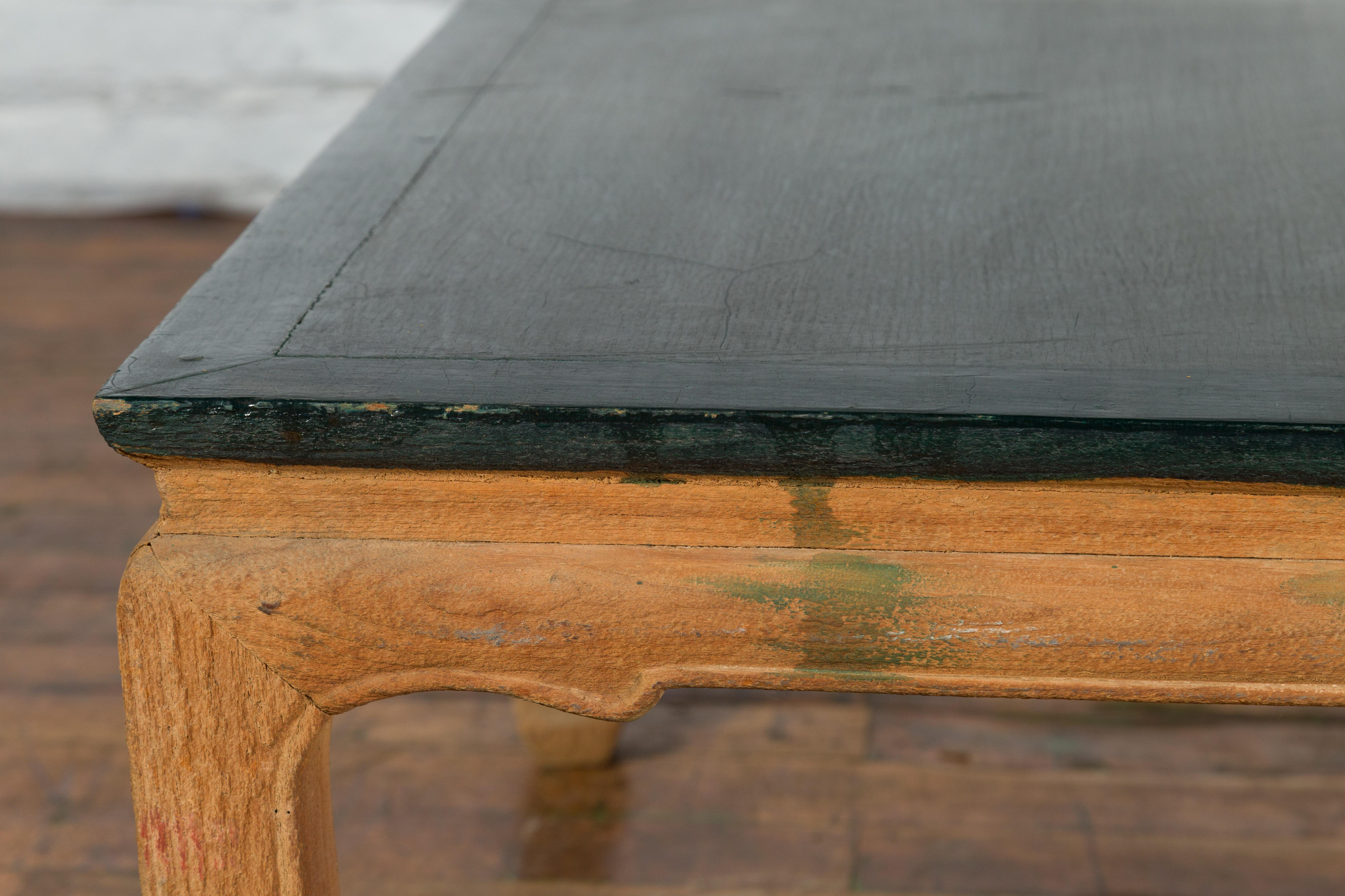 Lacquered Ming Dynasty Style Coffee Table with Green Lacquer Top and Natural Patina For Sale