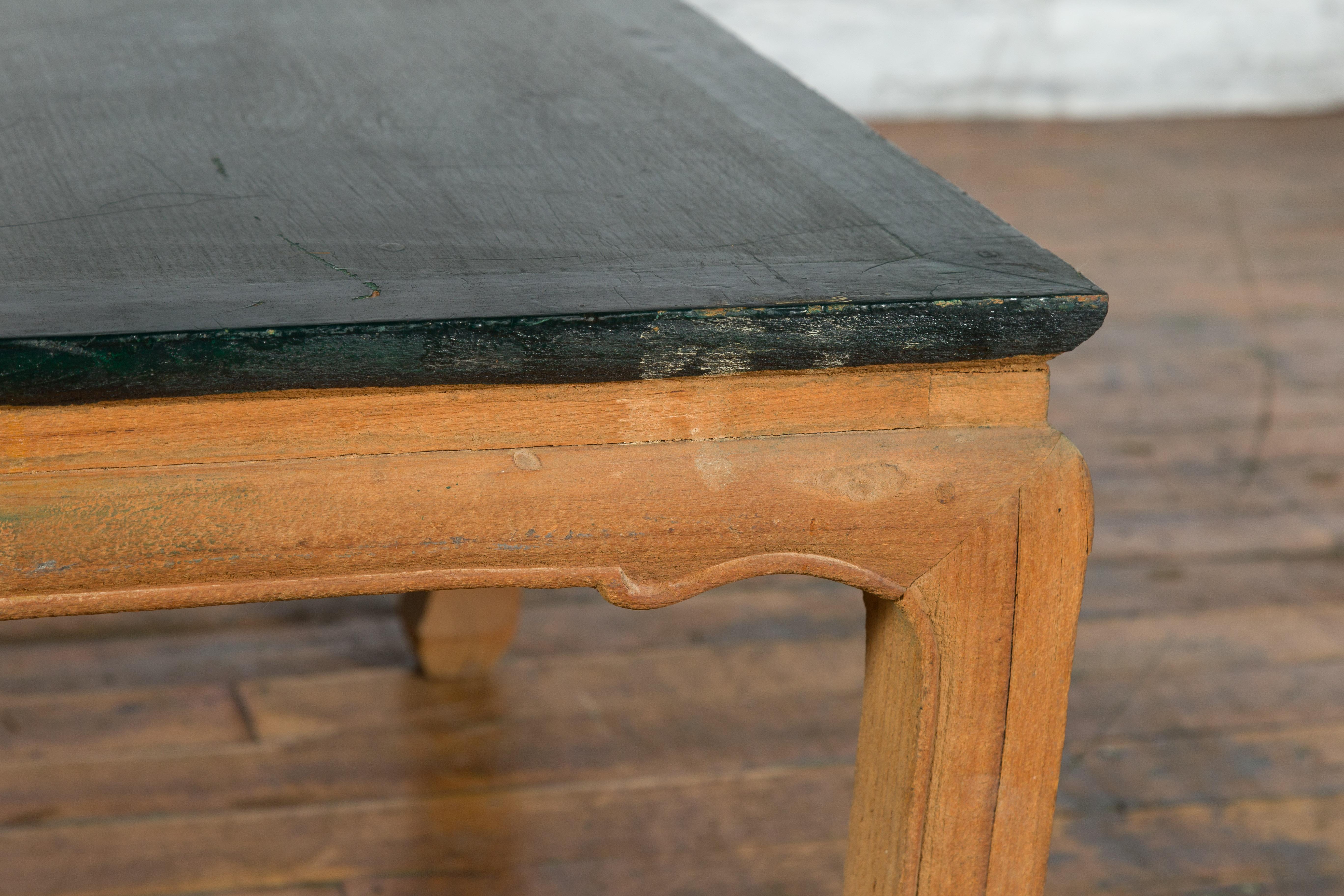 Ming Dynasty Style Coffee Table with Green Lacquer Top and Natural Patina In Good Condition For Sale In Yonkers, NY
