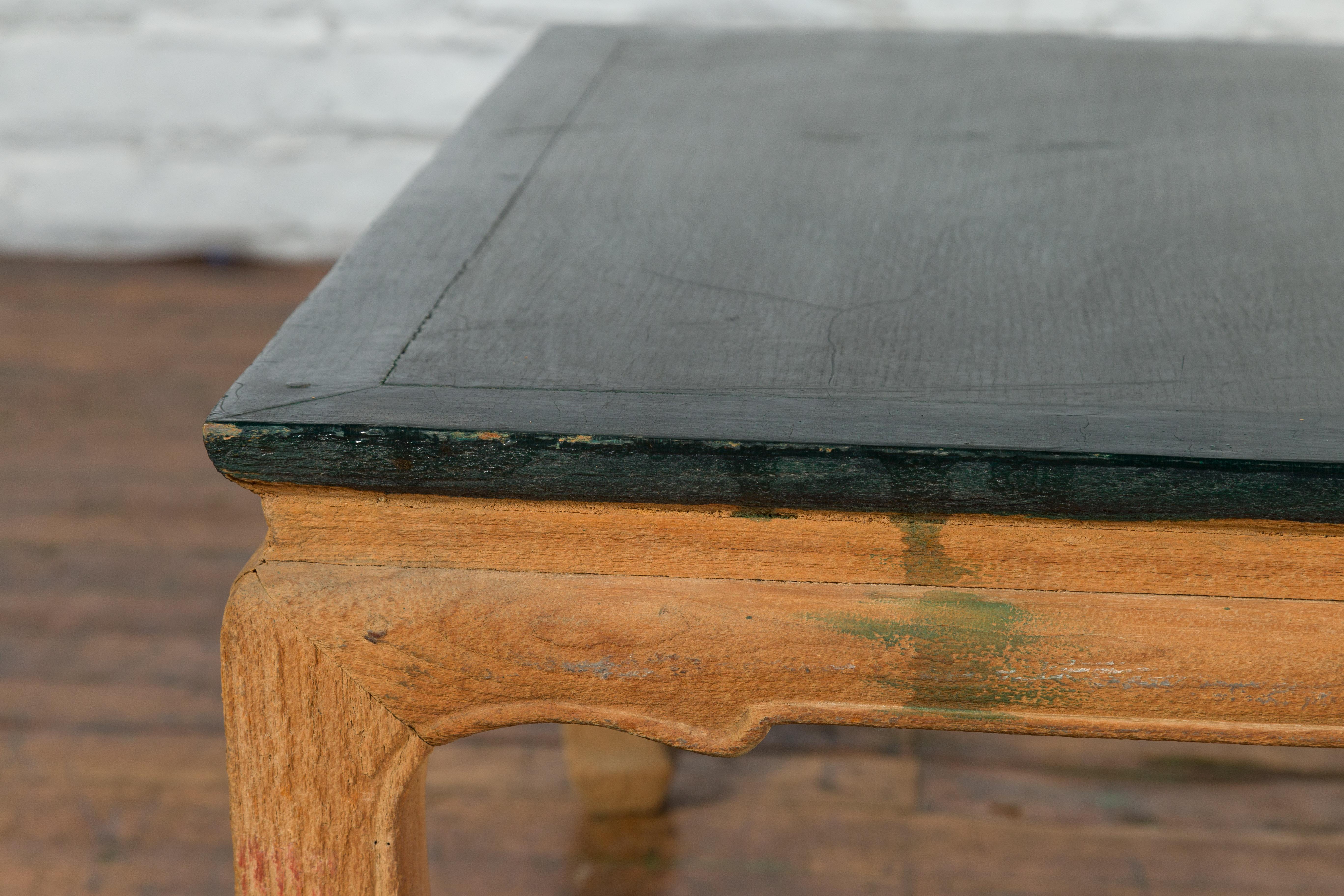 Ming Dynasty Style Coffee Table with Green Lacquer Top and Natural Patina For Sale 1
