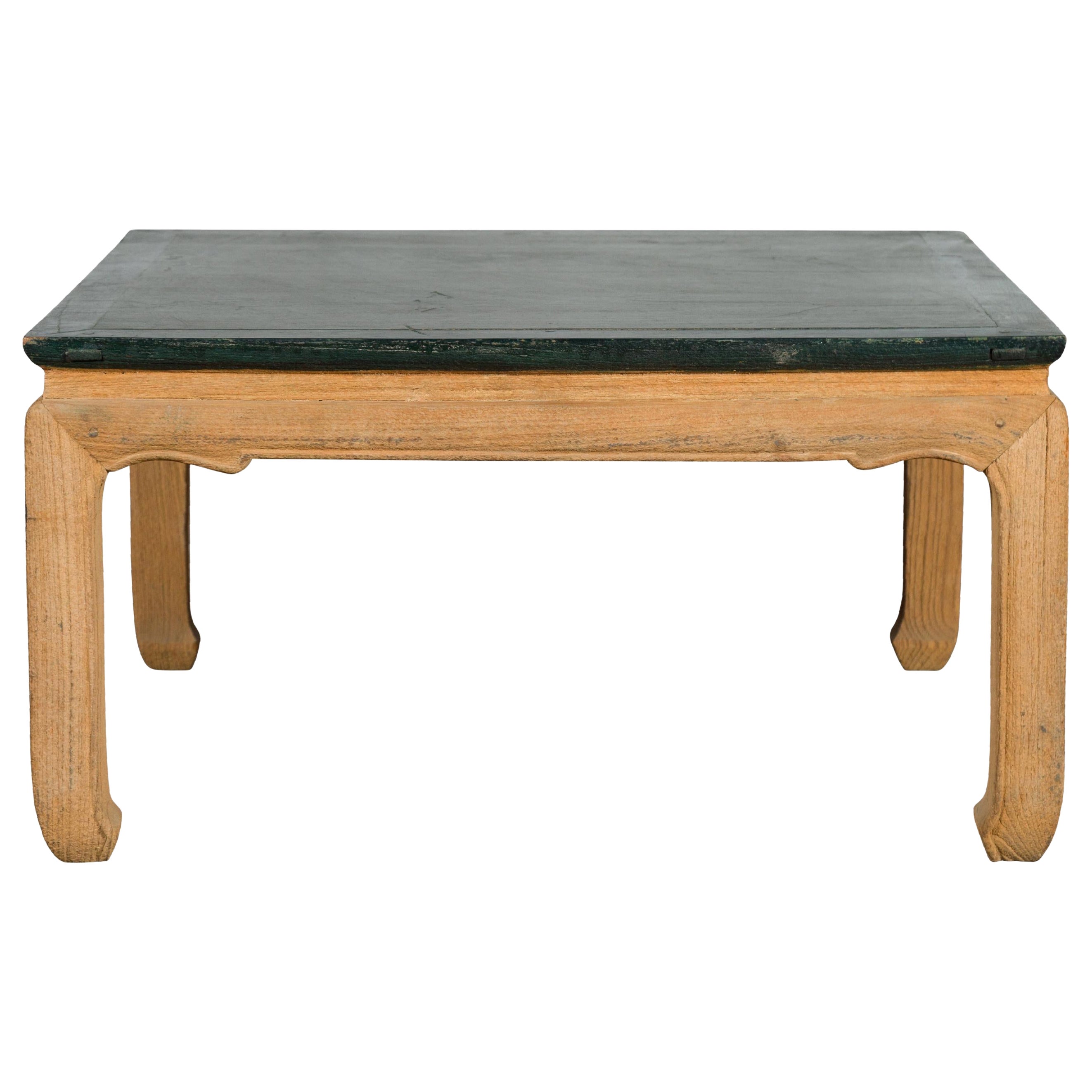Ming Dynasty Style Coffee Table with Green Lacquer Top and Natural Patina