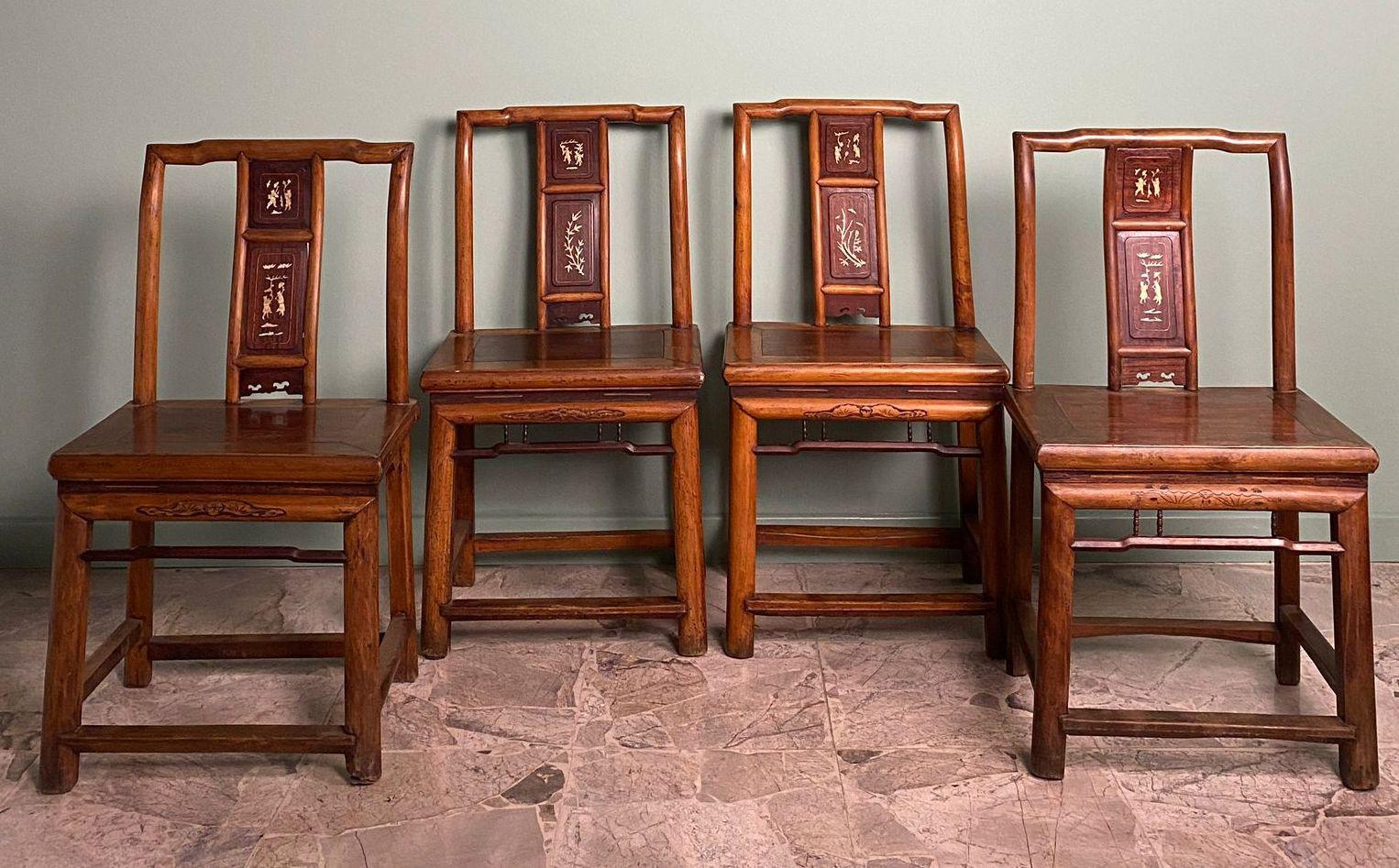 We kindly suggest that you read the entire description, as it provides detailed technical and historical information to guarantee the authenticity of our items.
This series of four beautiful and rare Chinese ceremonial chairs has some unique