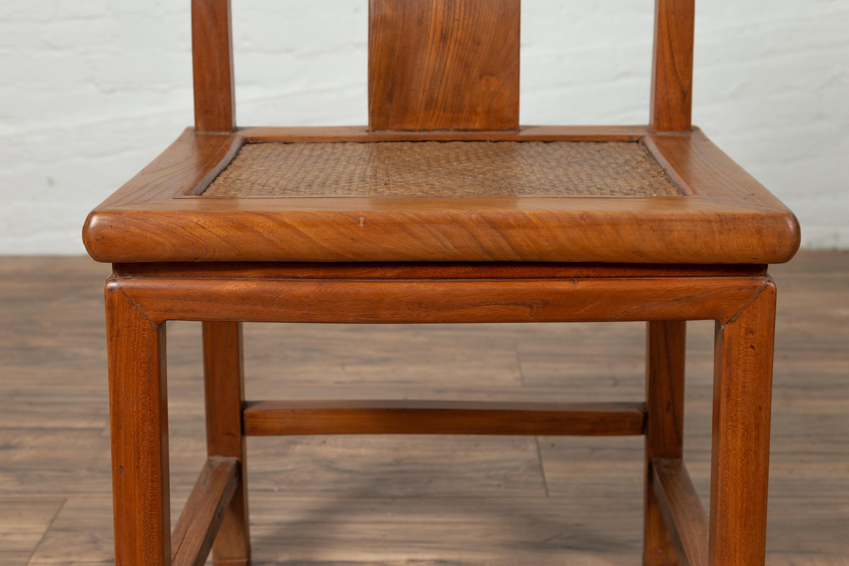 20th Century Ming Dynasty Style Natural Wood Wedding Side Chair with Woven Rattan Seat For Sale