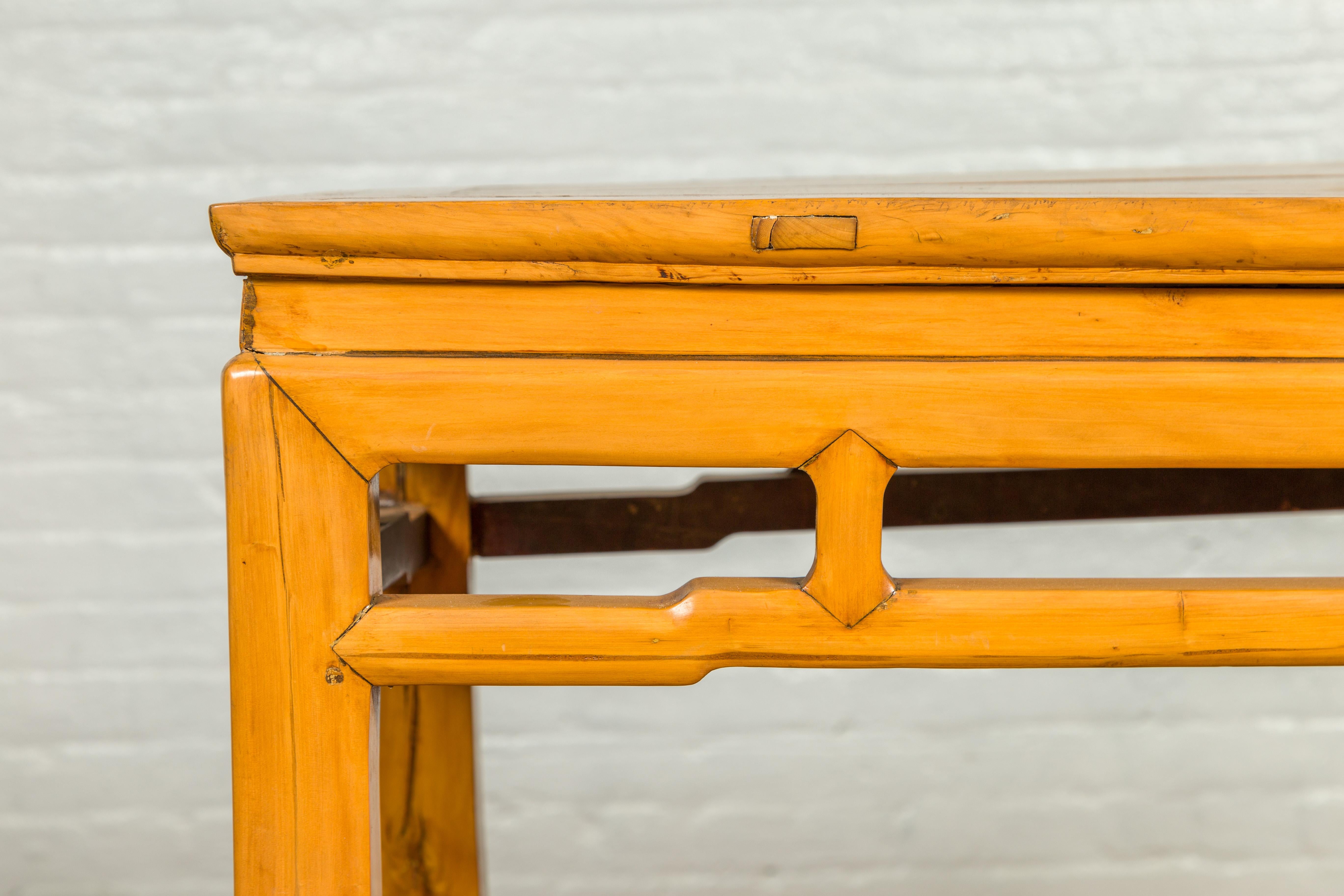20th Century Ming Dynasty Style Vintage Elmwood Altar Console Table with Humpbacked Stretcher