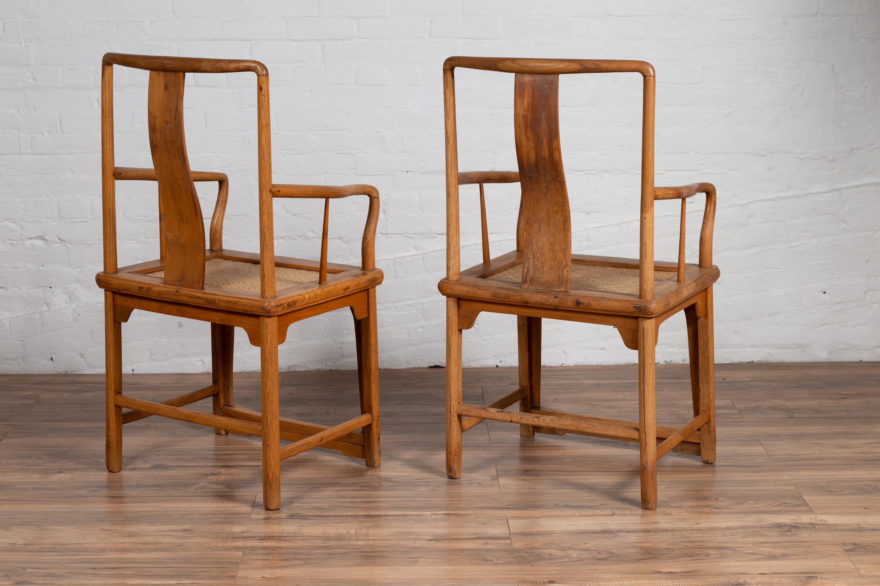 Ming Dynasty Style Wedding Armchairs with Curving Arms and Woven Rattan Seats For Sale 4