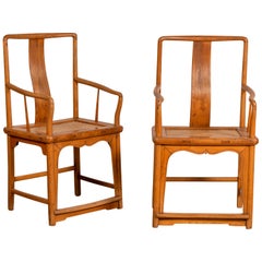 Vintage Ming Dynasty Style Wedding Armchairs with Curving Arms and Woven Rattan Seats