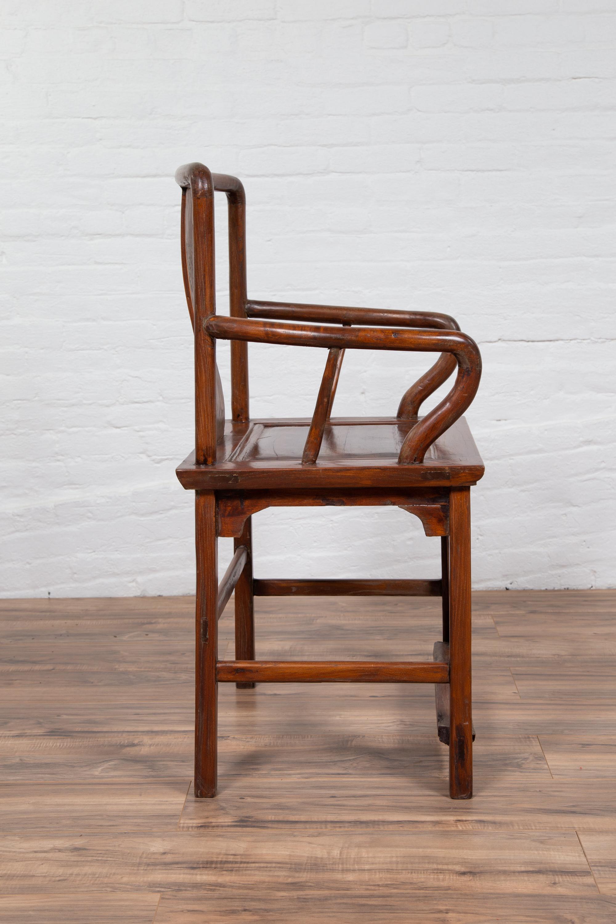Wood Ming Dynasty Style Wedding Chair with Carved Medallion and Curving Arms For Sale