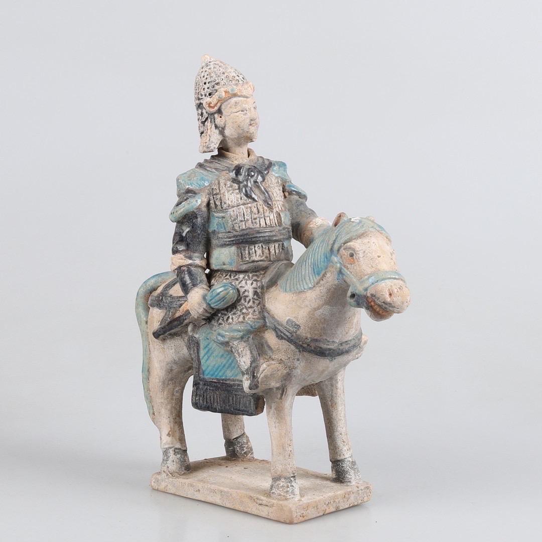 Polychromed Ming Dynasty Terracotta Green Glazed Tomb Statue, Knight/Horse, China 1368 -1644 For Sale