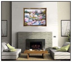 Ming Feng Original Oil Painting On Canvas Signed Landscape Floral Framed Artwork