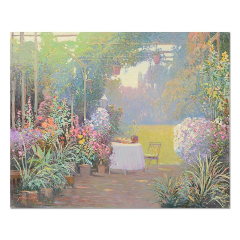 Ming Feng Landscape Painting - "Tea Garden" Original Oil Painting on Canvas