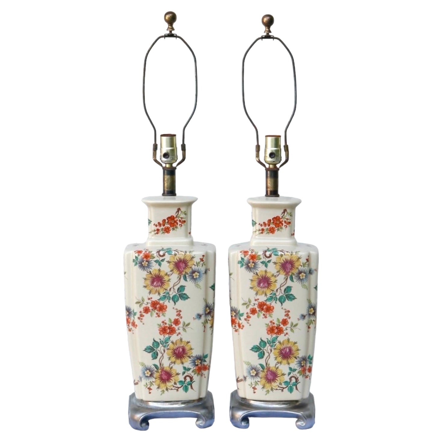 Ming-Blumen-Tischlampen aus Keramik – ein Paar